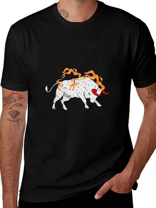 Fiery Bull Graphic Tee - Black Cotton Shirt