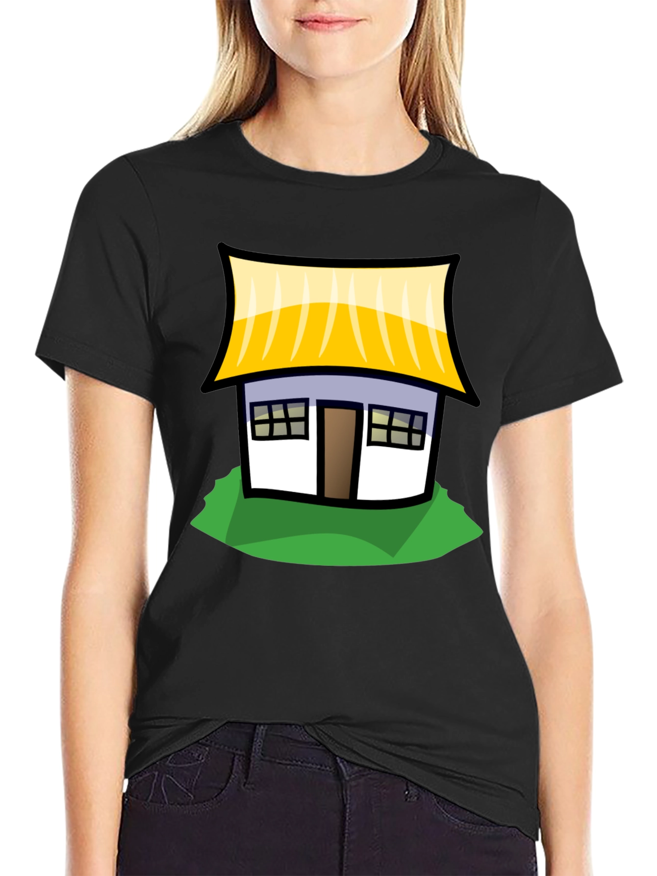Cartoon House Graphic T-Shirt - Black