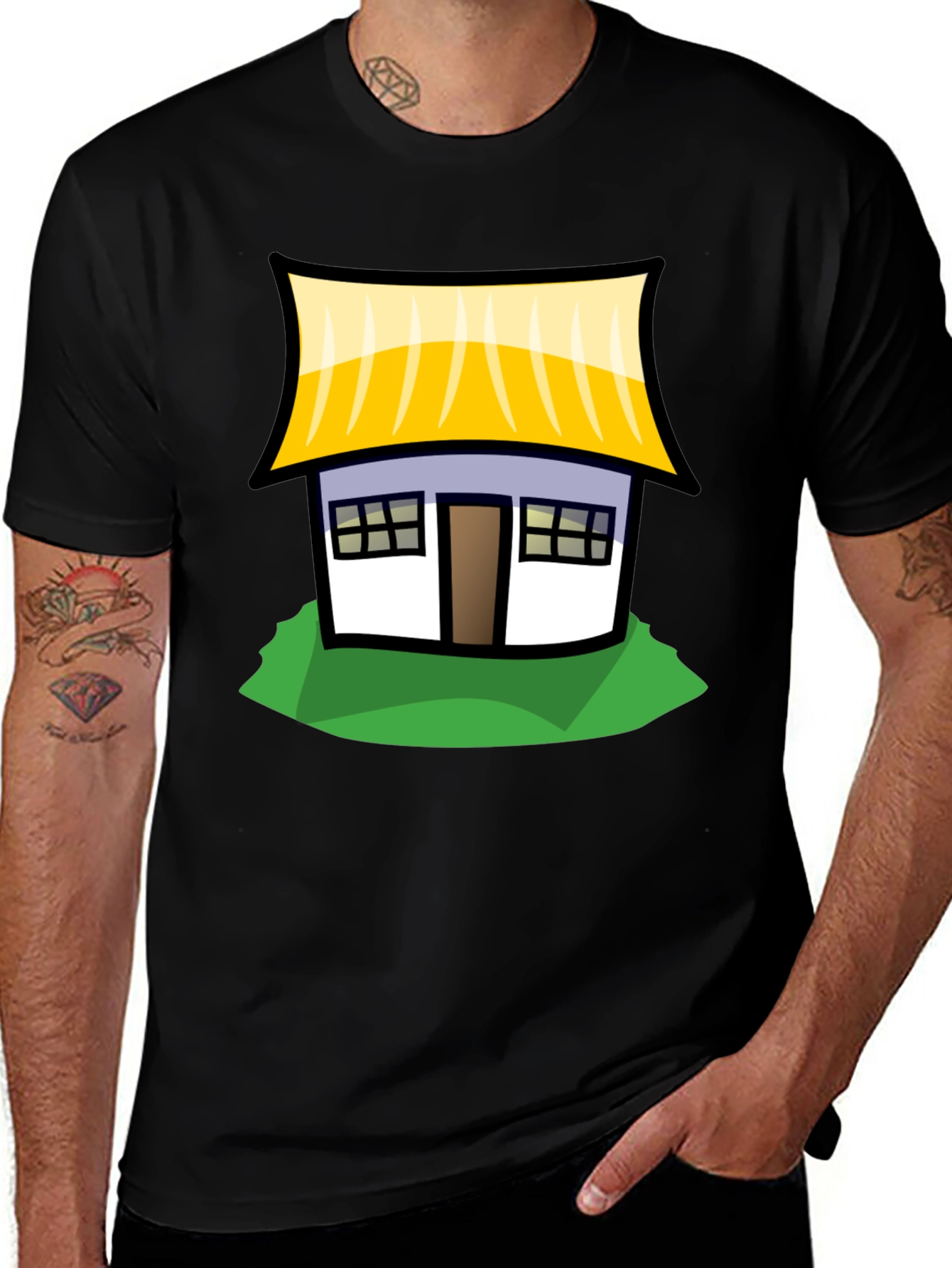 Cartoon House Graphic T-Shirt - Black
