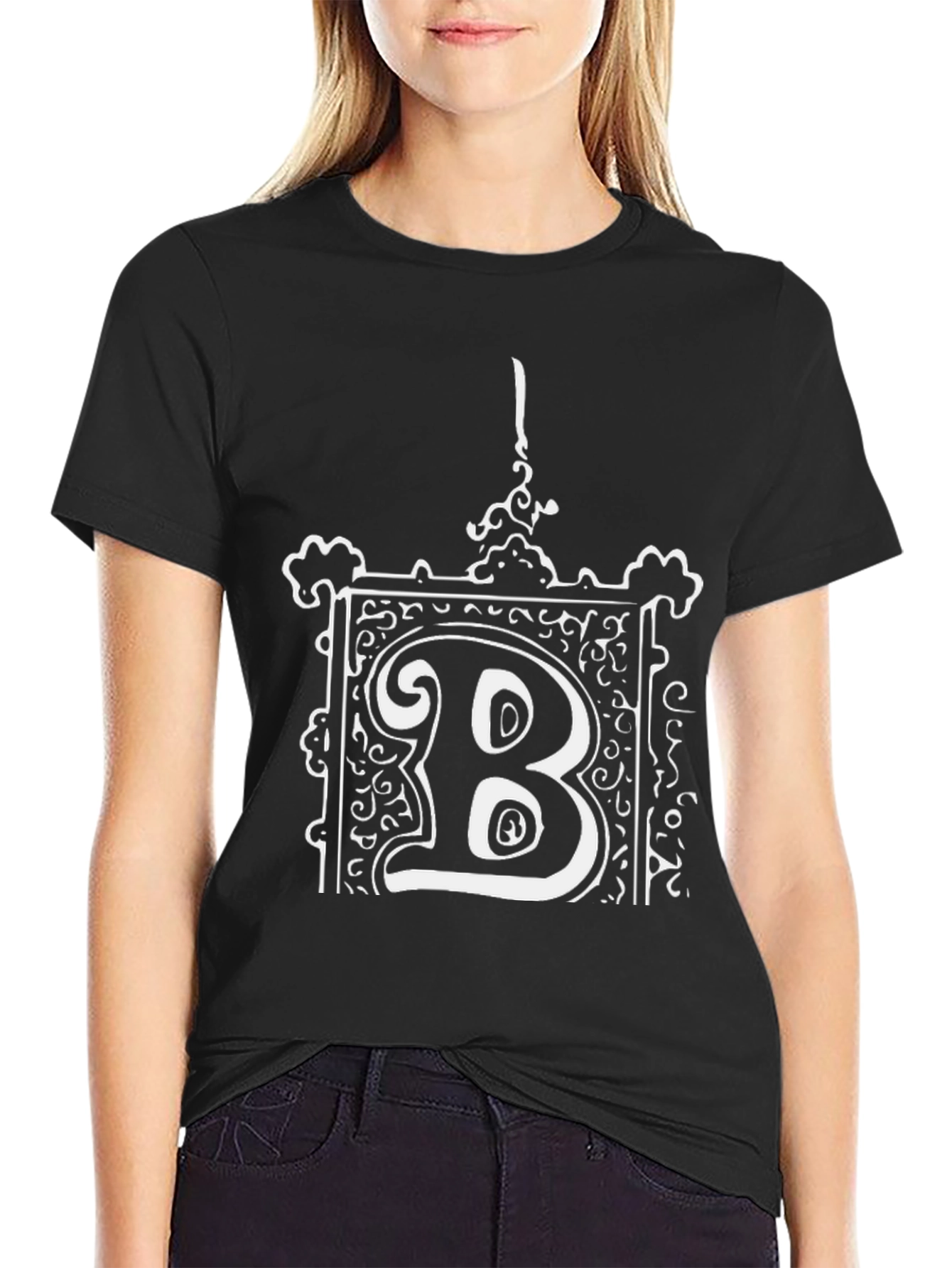 Ornate B Graphic Tee - Black Cotton Blend