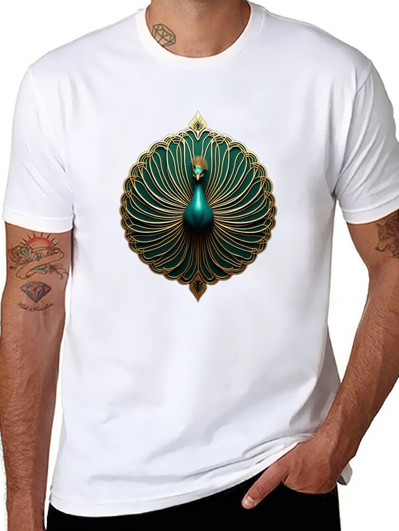Elegant Peacock Graphic Tee - Stylish Mens Black T-Shirt