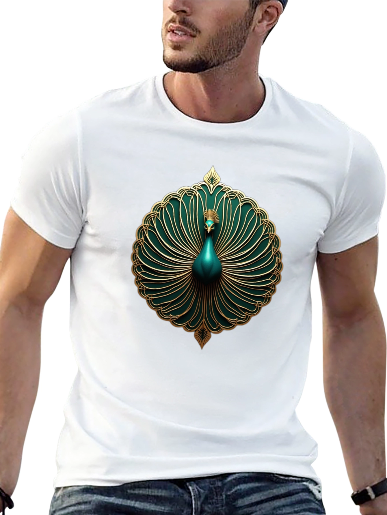 Elegant Peacock Graphic Tee - Stylish Mens Black T-Shirt