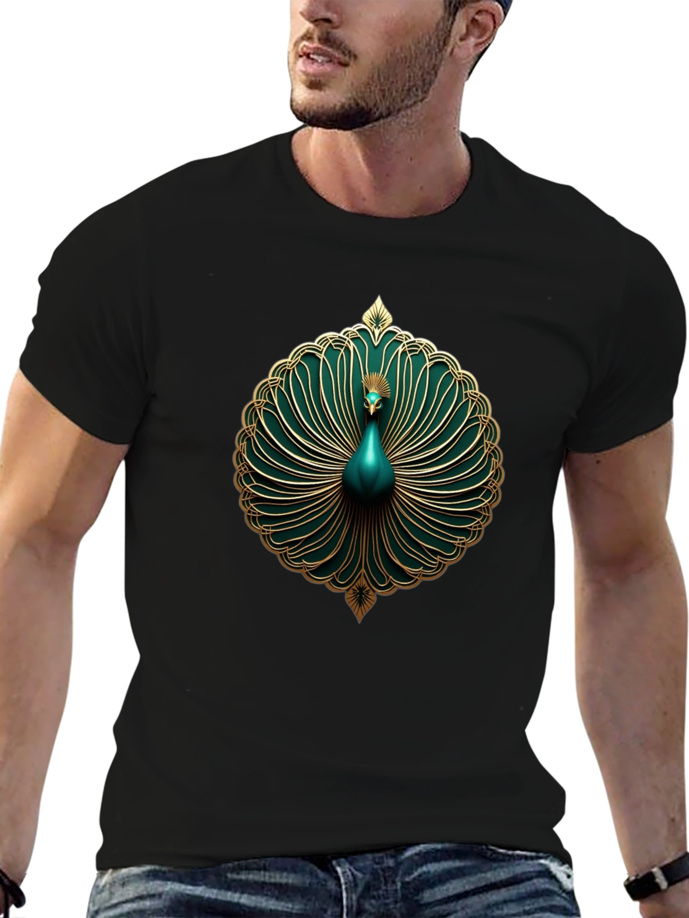 Elegant Peacock Graphic Tee - Stylish Mens Black T-Shirt