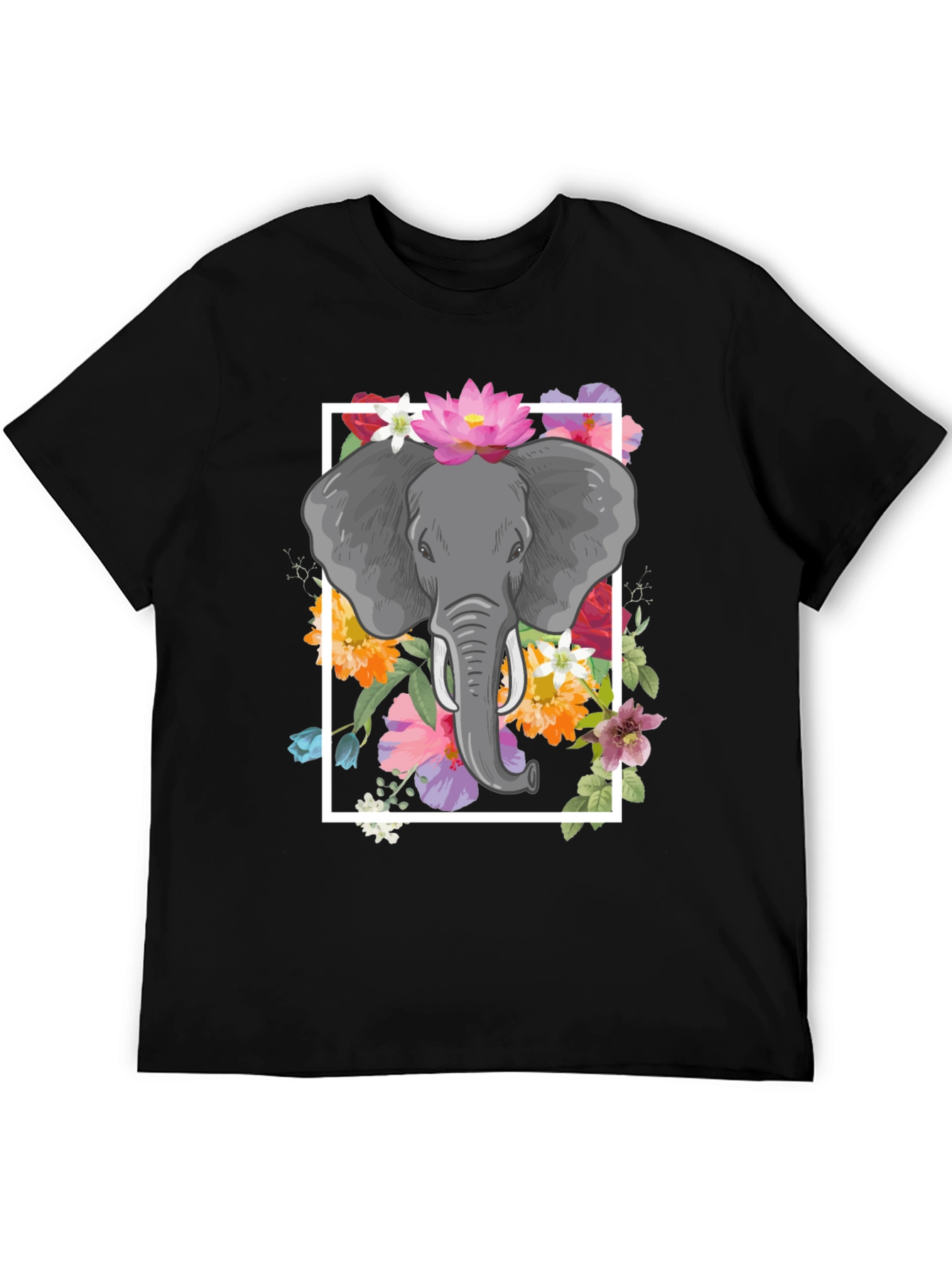 Elephant Floral Graphic Tee - Mens Black T-Shirt