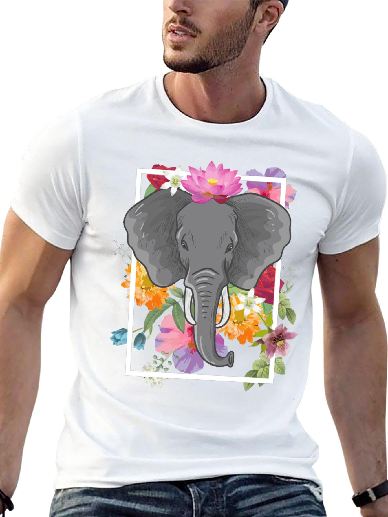 Elephant Floral Graphic Tee - Mens Black T-Shirt