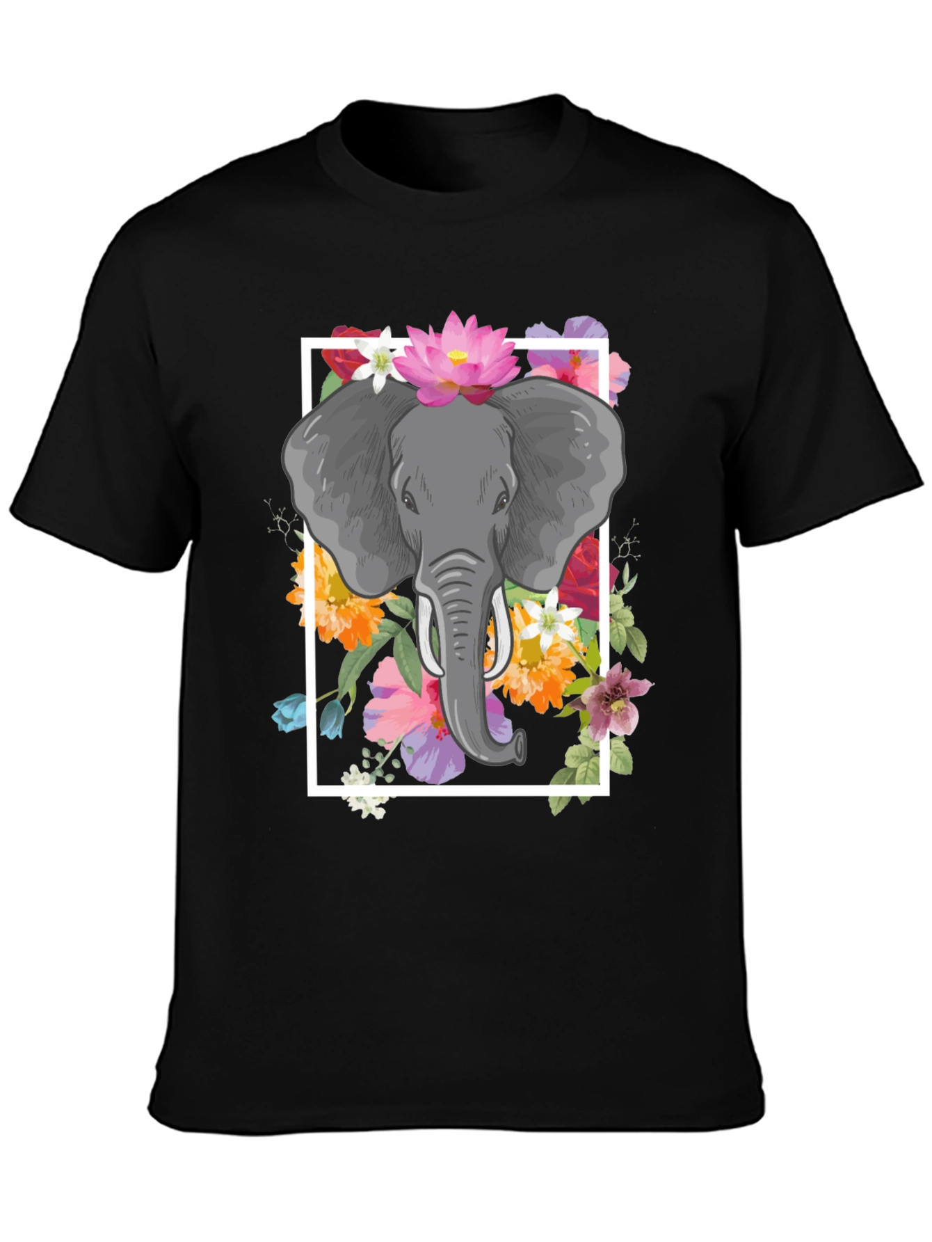Elephant Floral Graphic Tee - Mens Black T-Shirt