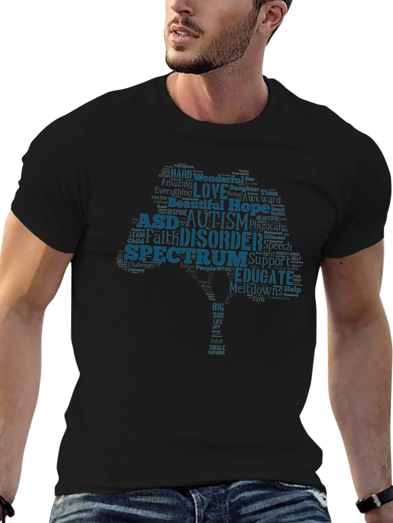 Autism Awareness Word Tree Black T-Shirt
