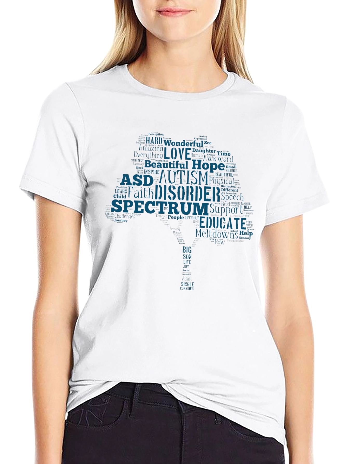 Autism Awareness Word Tree Black T-Shirt