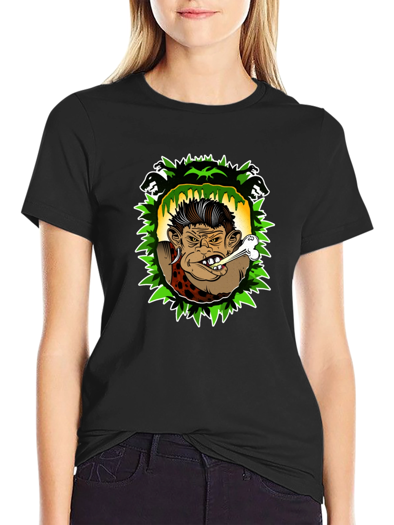 Caveman Cartoon Graphic Black T-Shirt