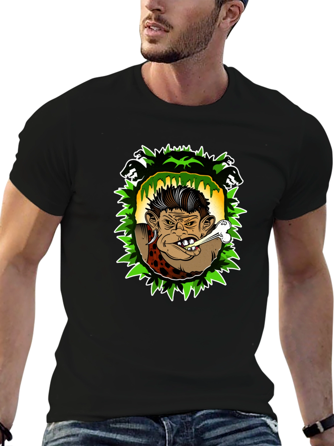 Caveman Cartoon Graphic Black T-Shirt