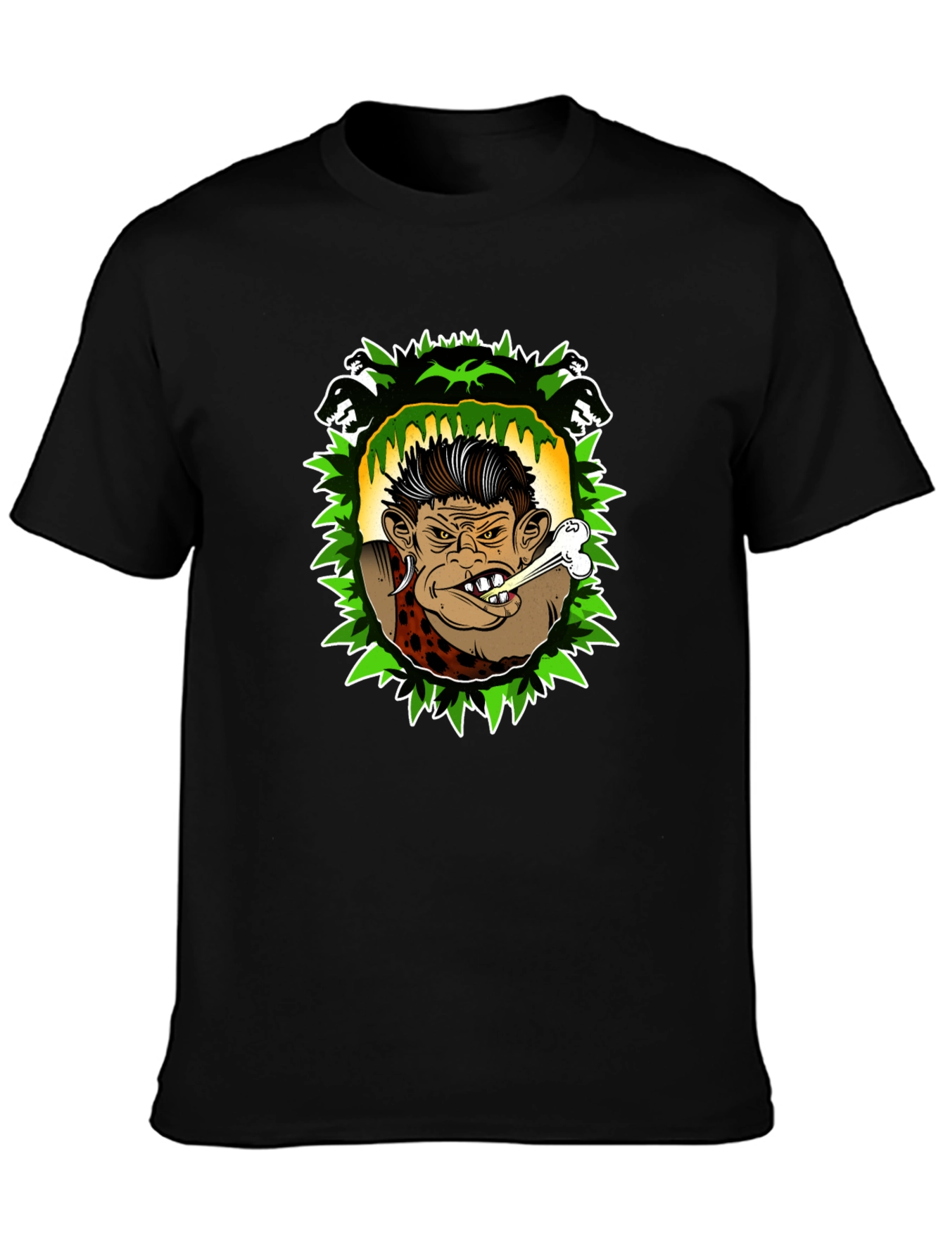 Caveman Cartoon Graphic Black T-Shirt