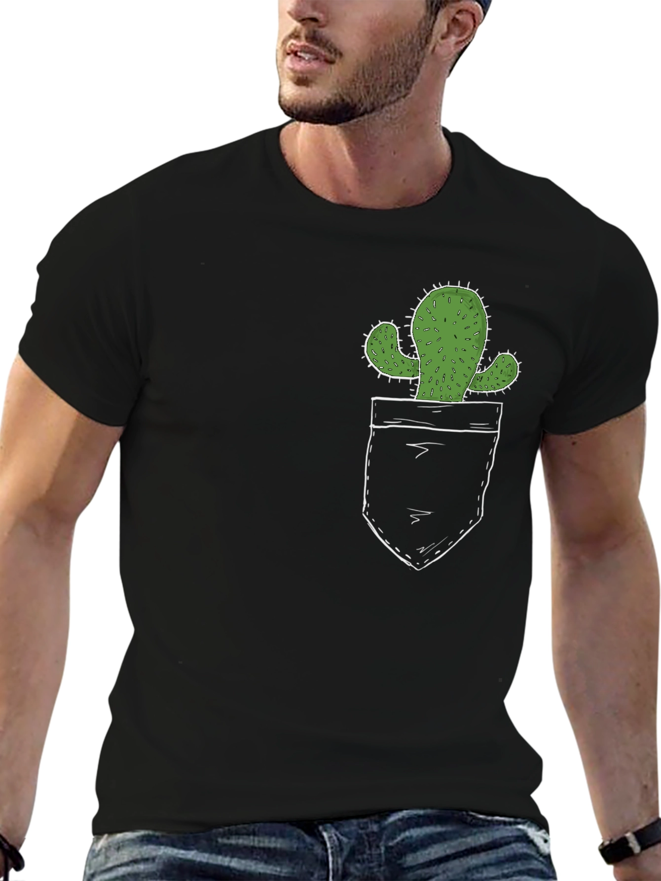 Cactus Pocket Print Black T-Shirt