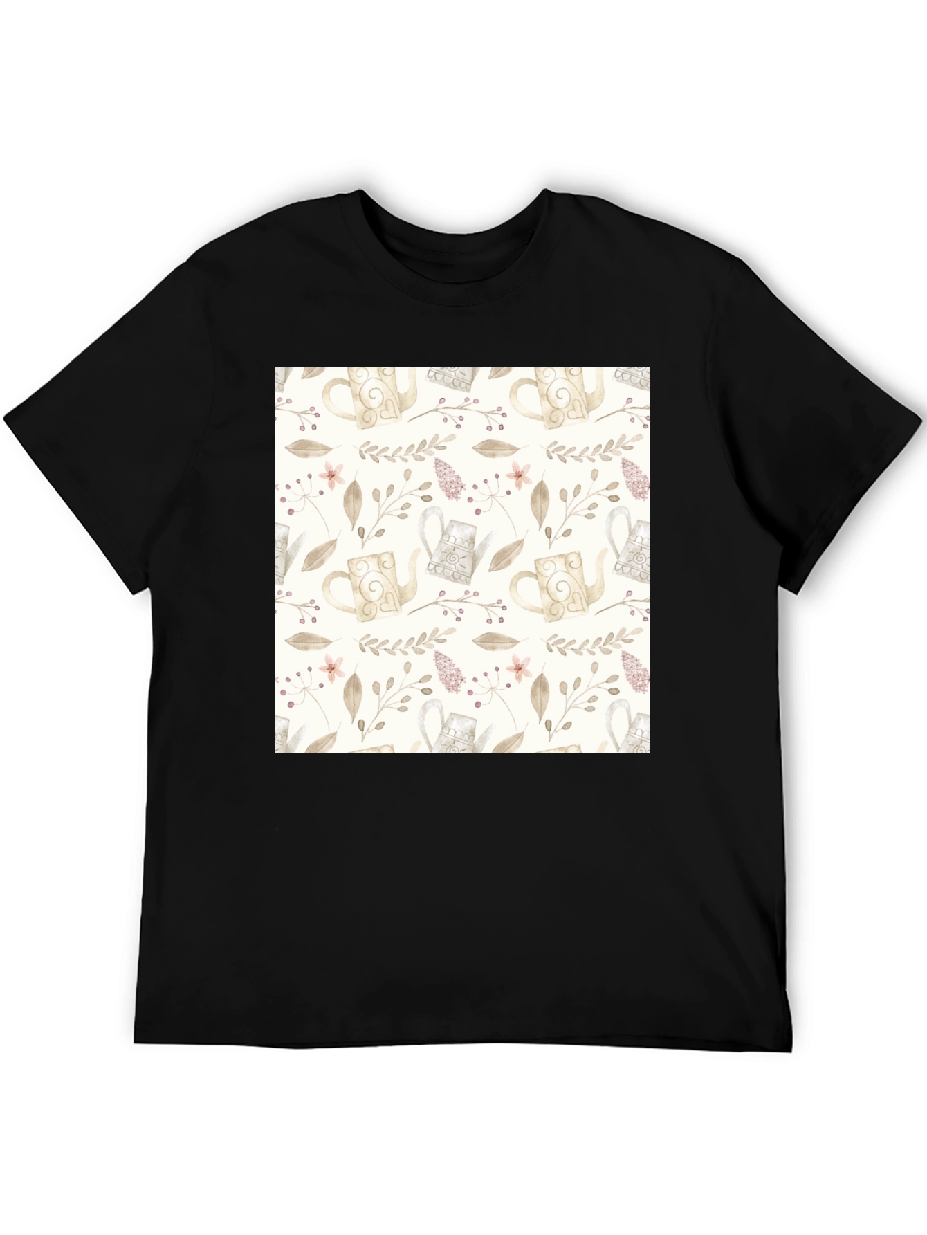 Elegant Floral Teapot Pattern Black T-Shirt