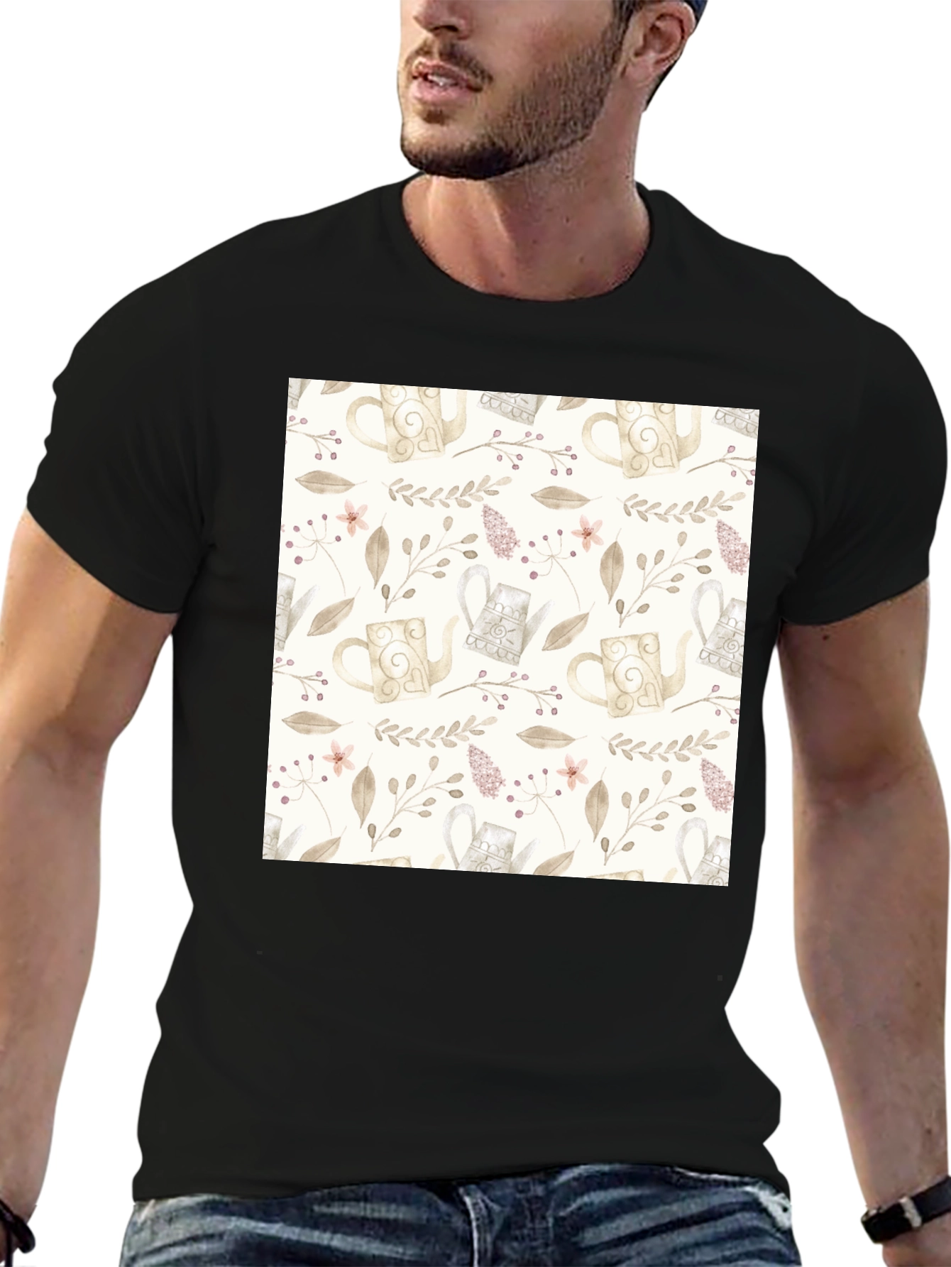 Elegant Floral Teapot Pattern Black T-Shirt