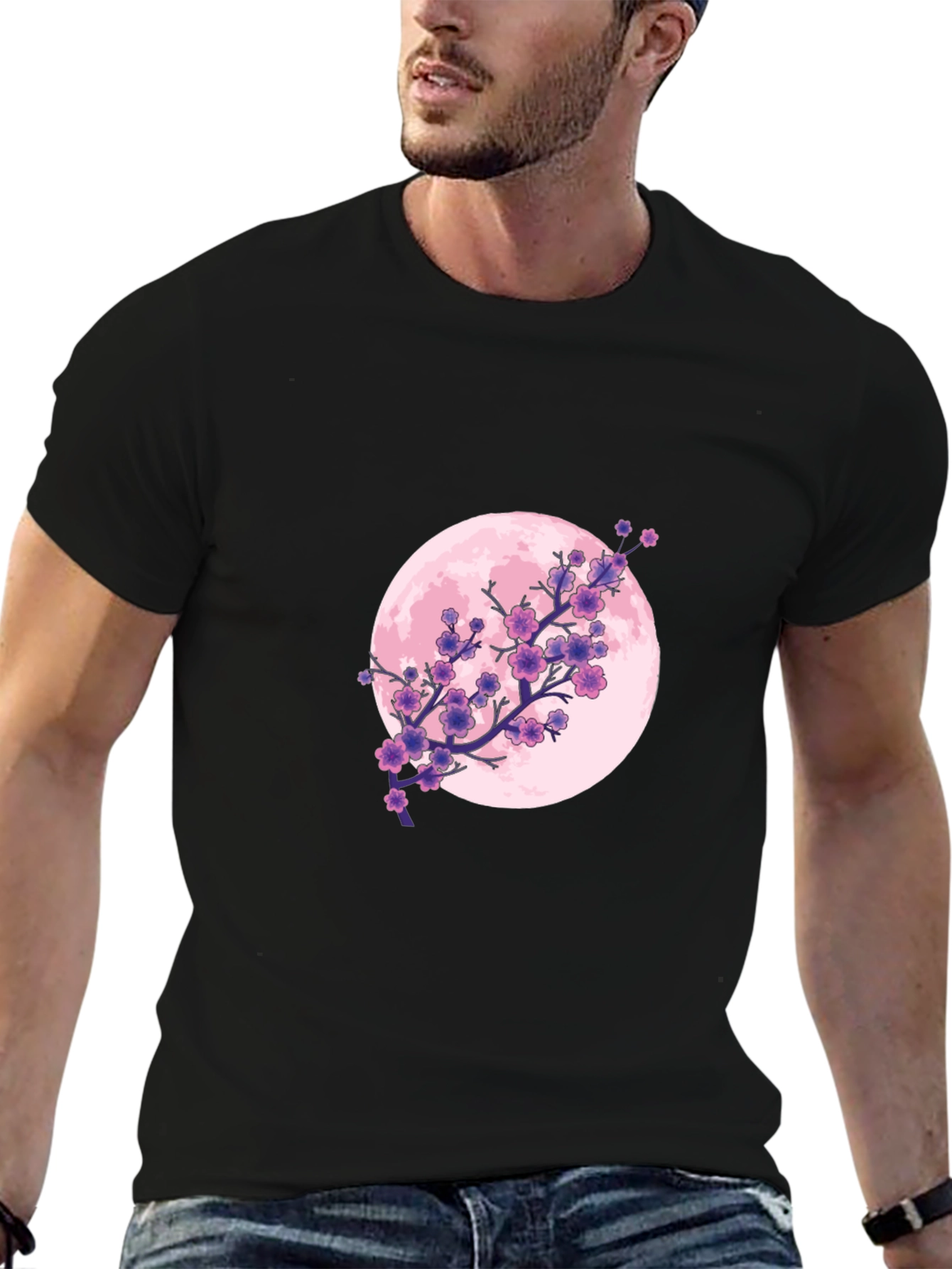 Floral Moon Graphic Tee - Black Cotton T-Shirt