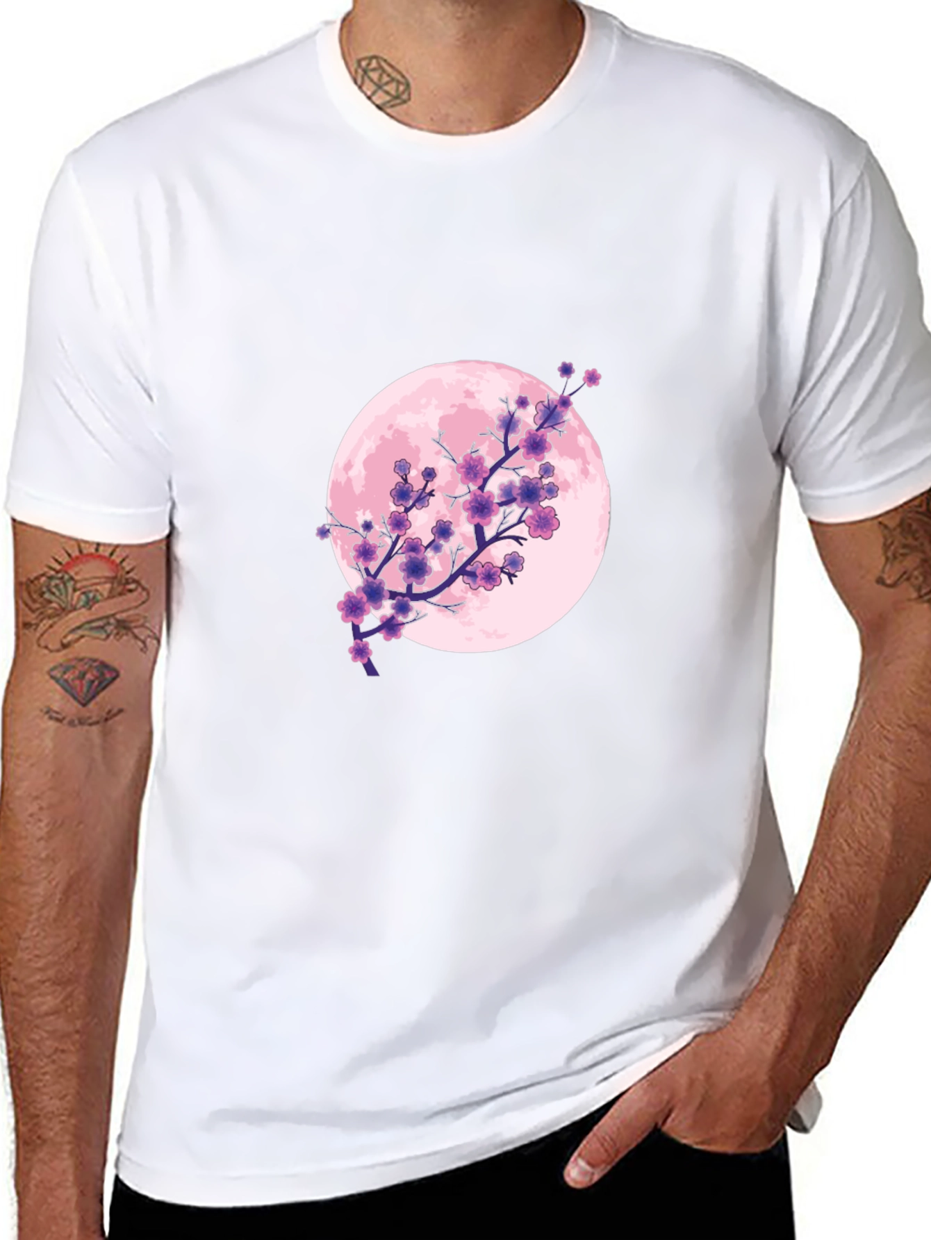 Floral Moon Graphic Tee - Black Cotton T-Shirt