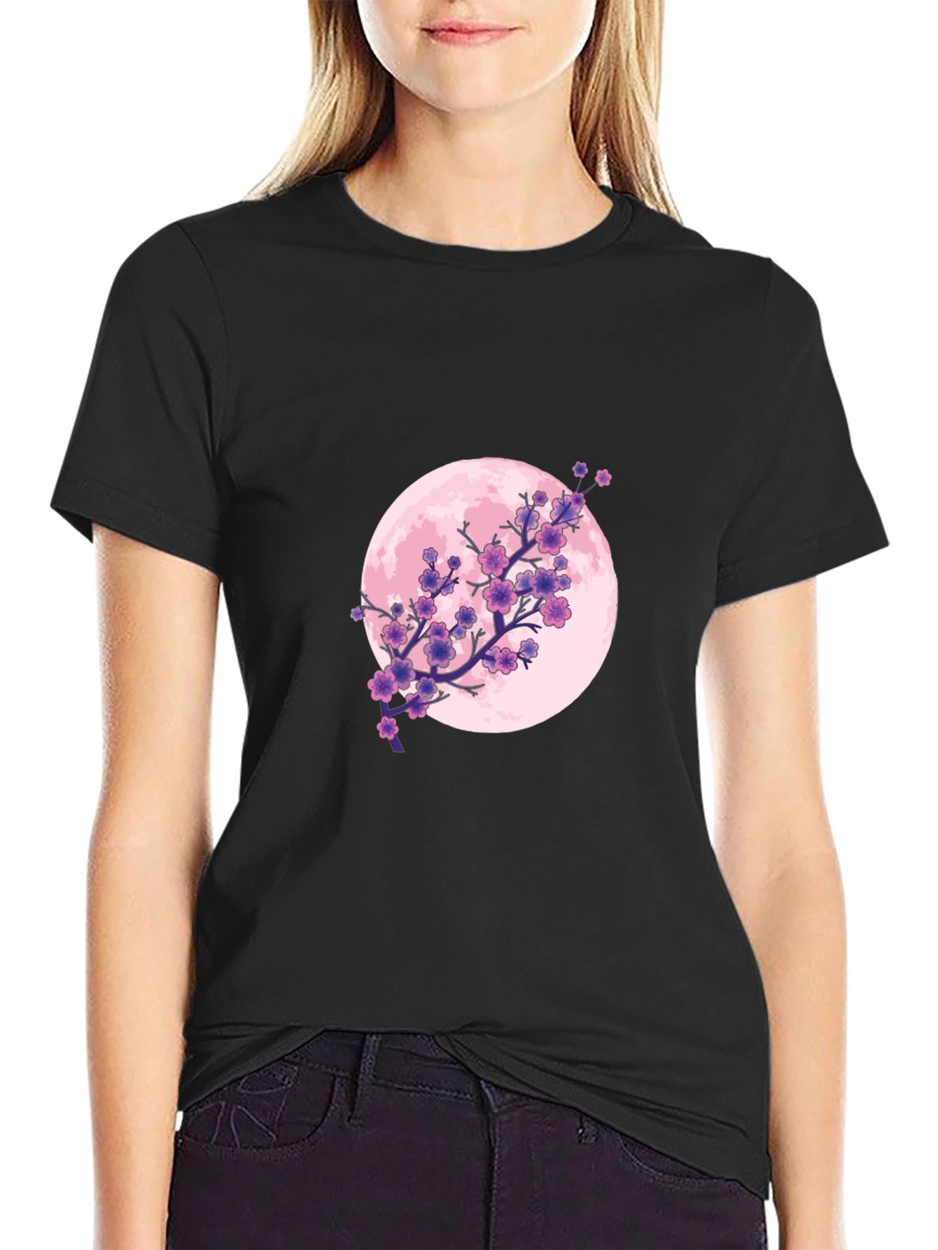 Floral Moon Graphic Tee - Black Cotton T-Shirt