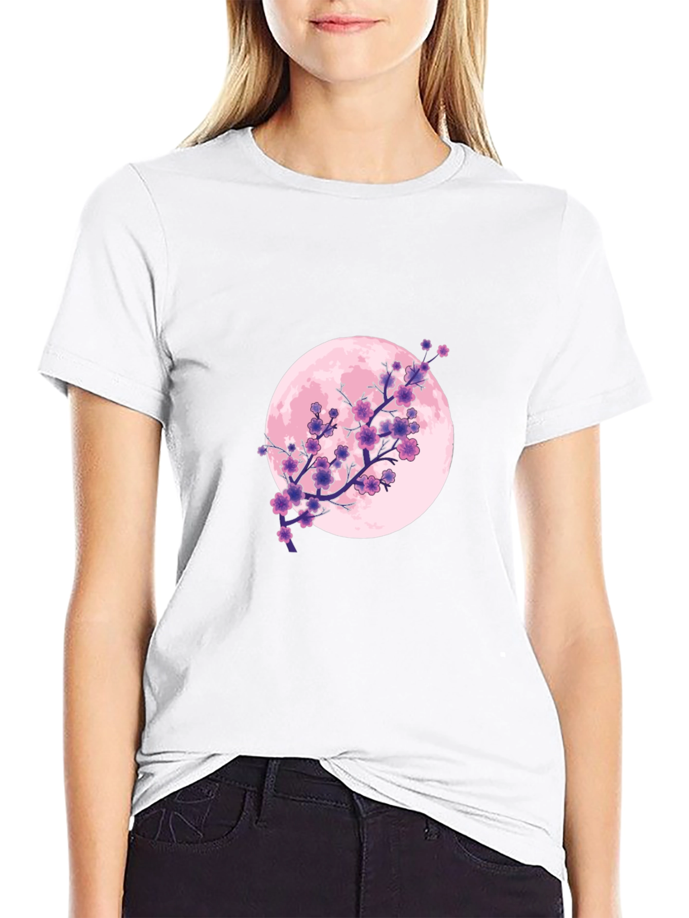 Floral Moon Graphic Tee - Black Cotton T-Shirt
