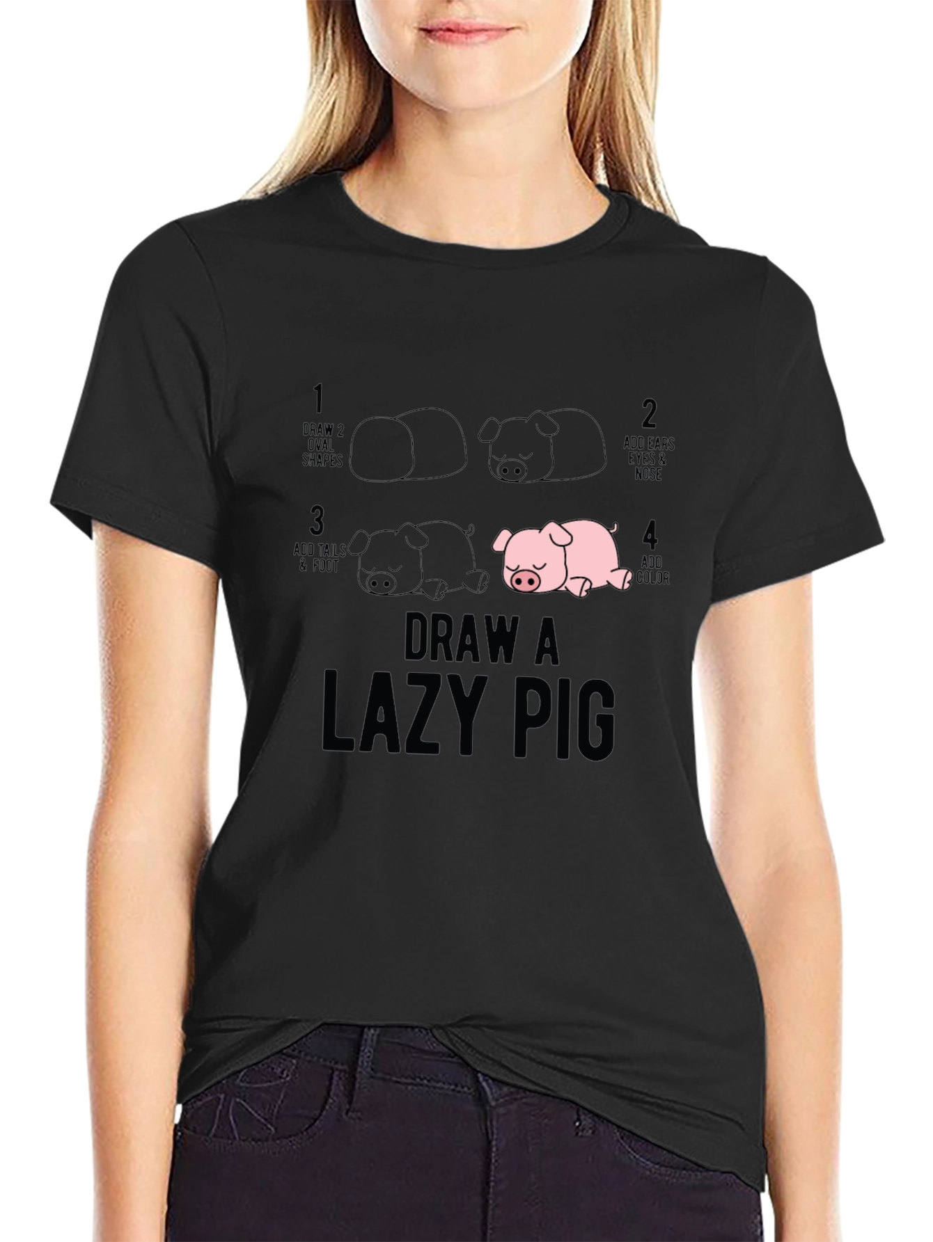 Draw a Lazy Pig T-Shirt - Black Cotton Tee