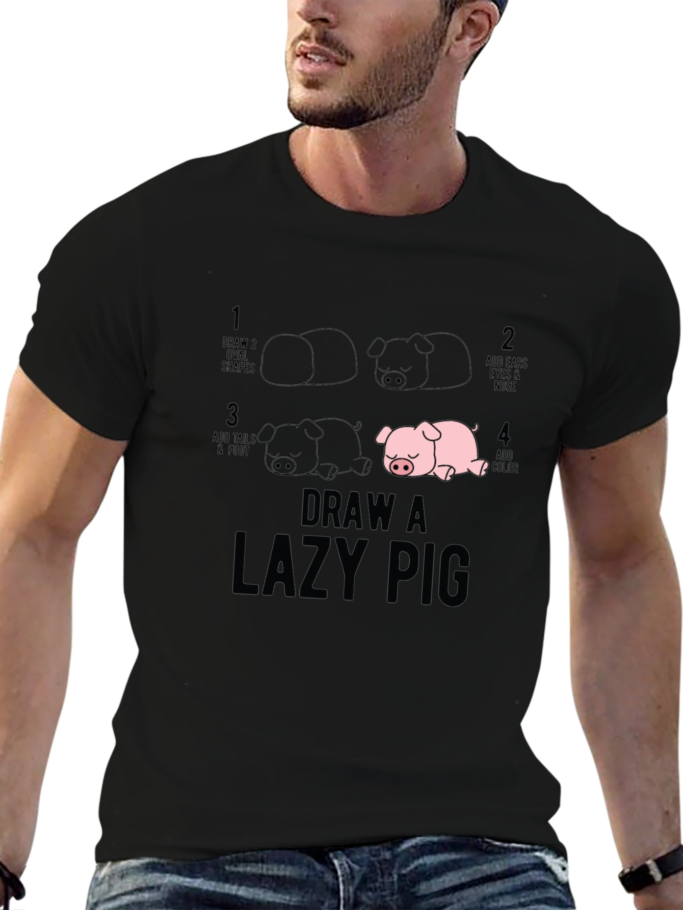 Draw a Lazy Pig T-Shirt - Black Cotton Tee