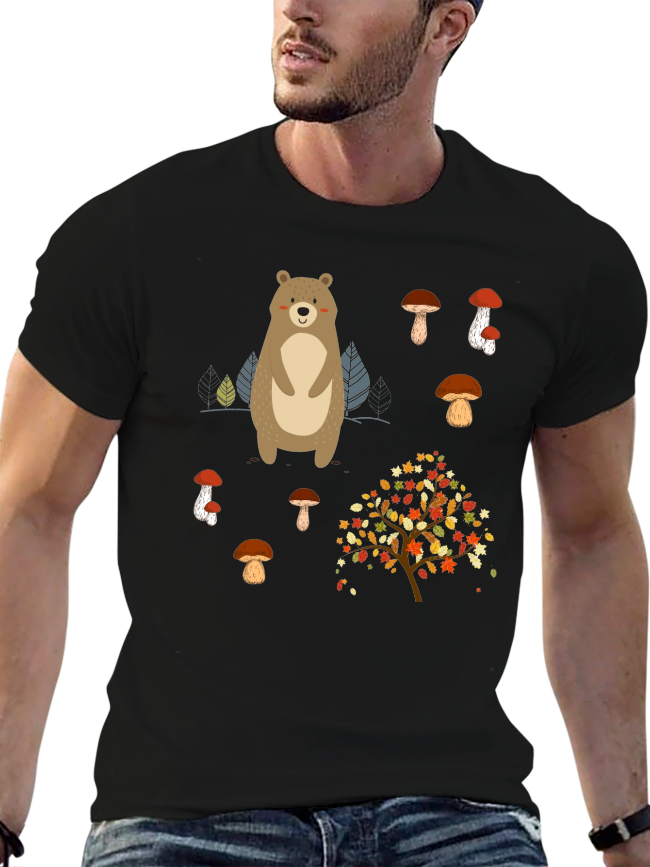Bear & Mushroom Graphic Tee - Nature Inspired Style