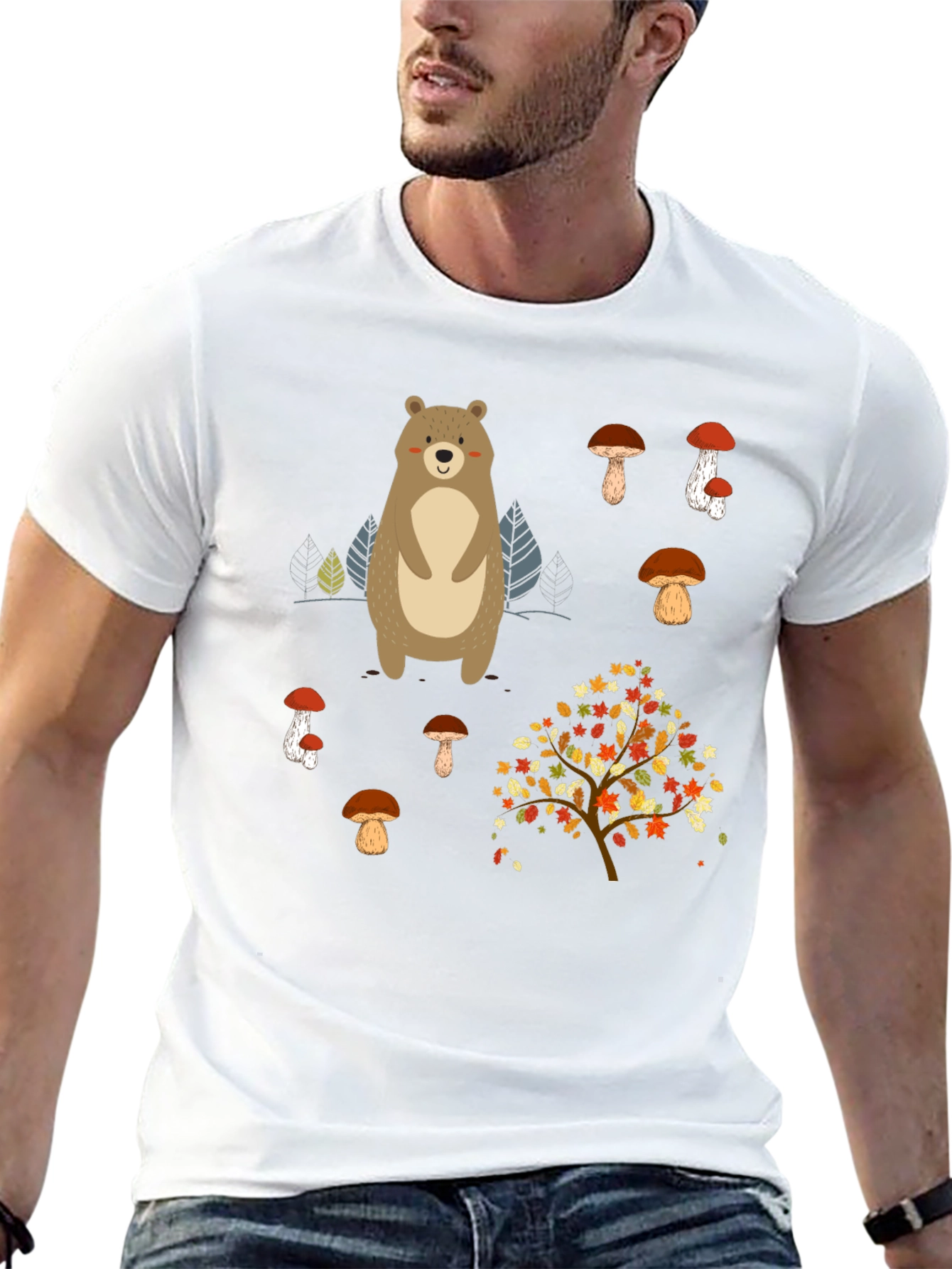 Bear & Mushroom Graphic Tee - Nature Inspired Style