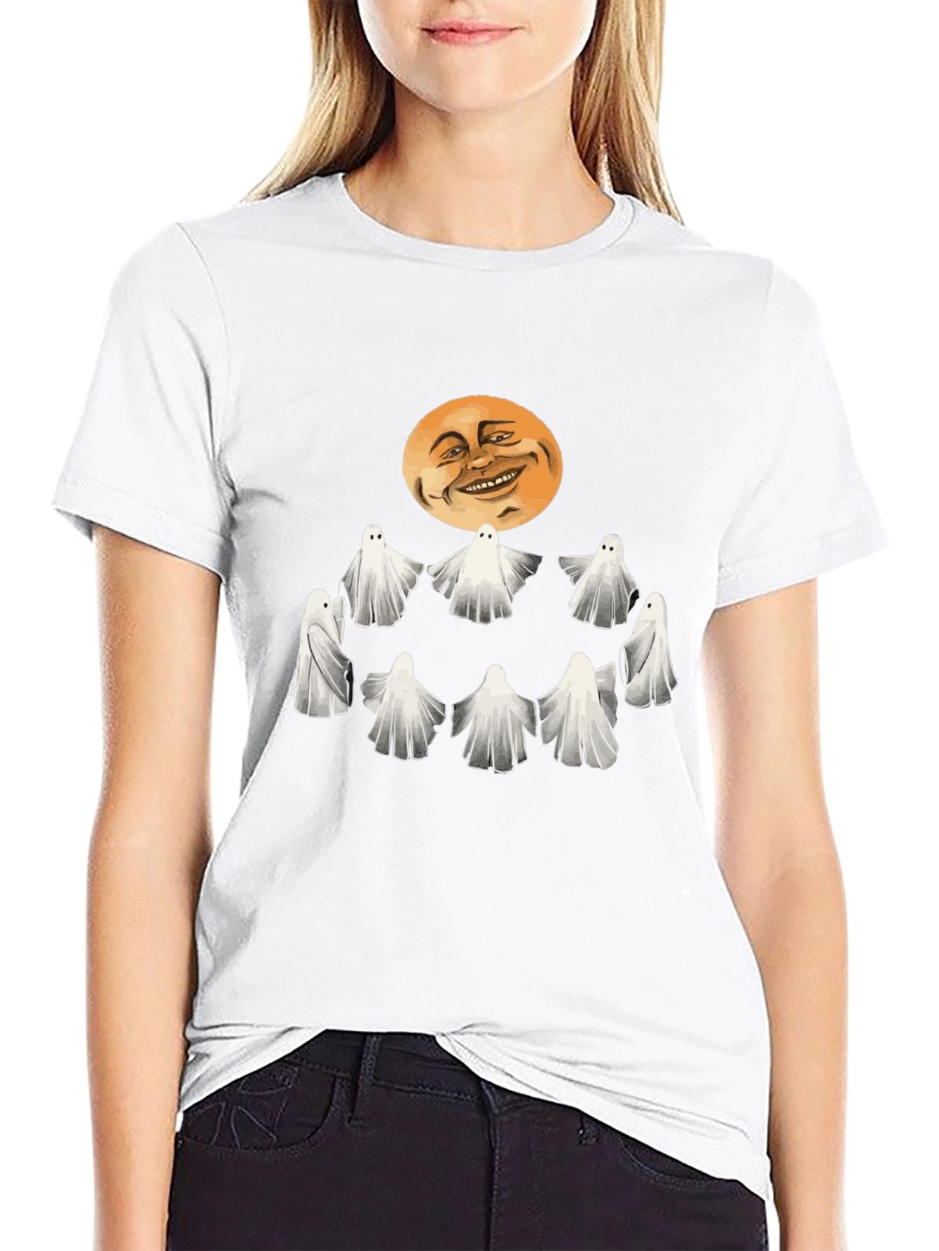 Spooky Ghosts and Moon Graphic Tee - Halloween Style