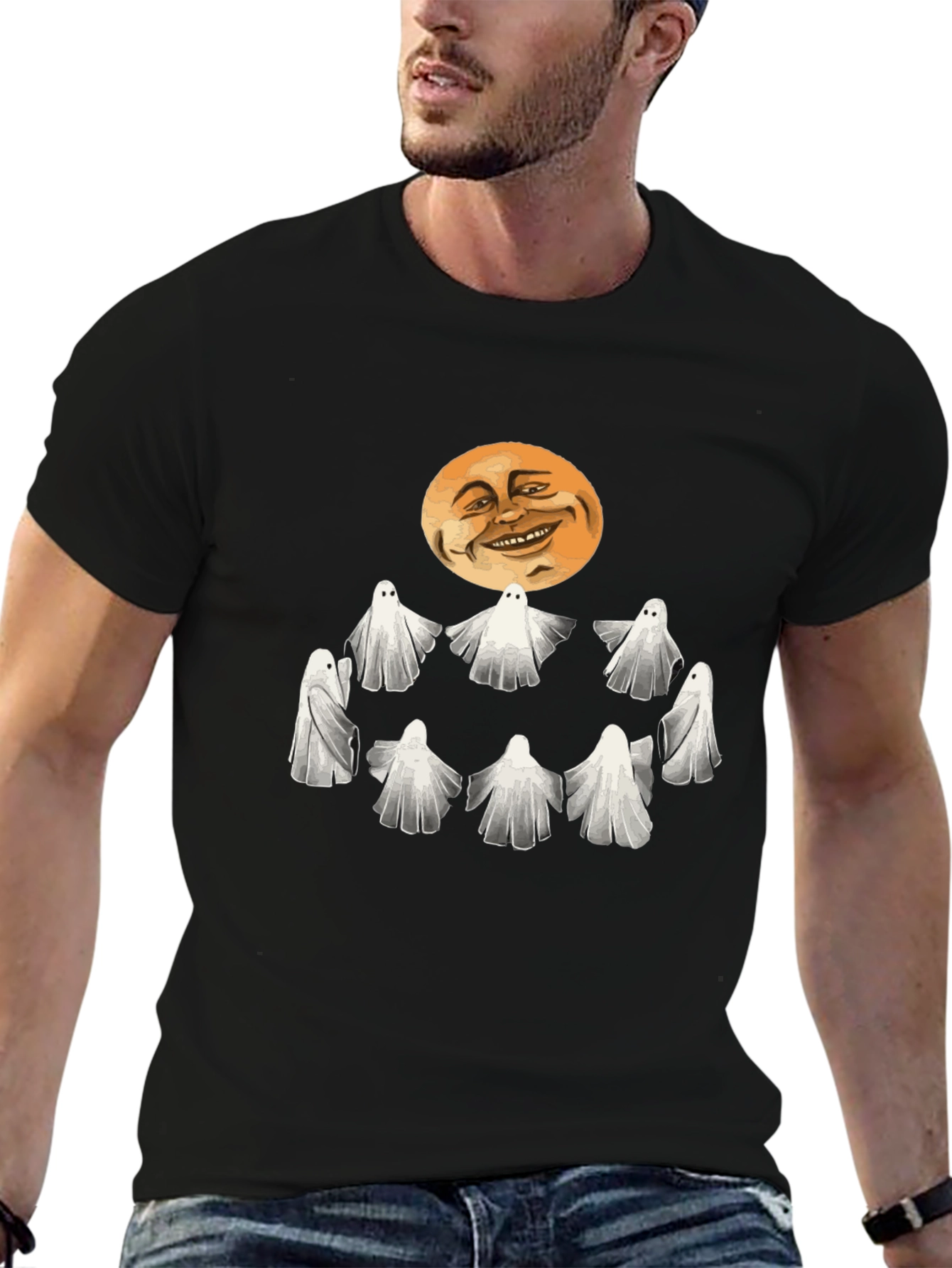 Spooky Ghosts and Moon Graphic Tee - Halloween Style