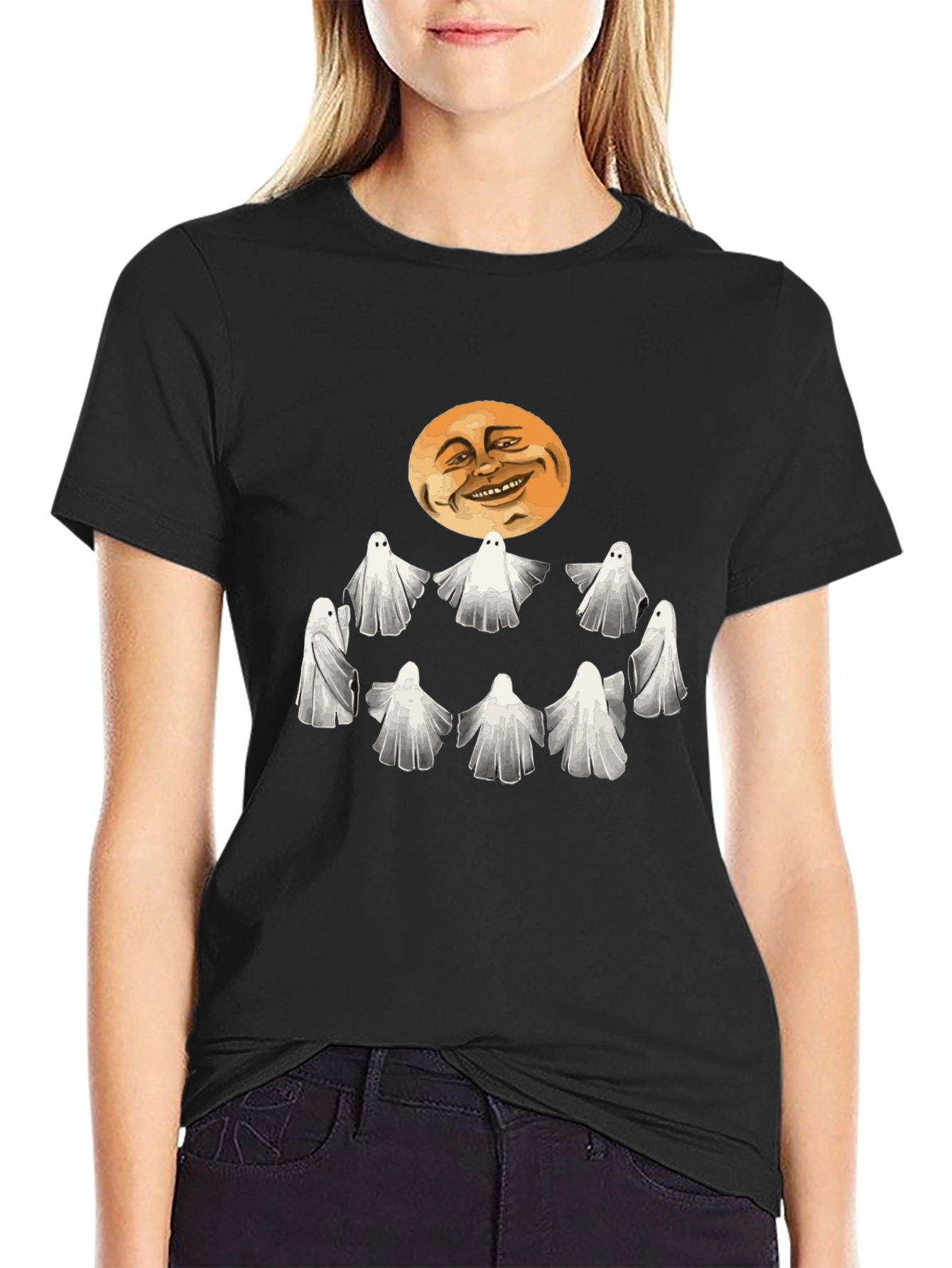 Spooky Ghosts and Moon Graphic Tee - Halloween Style