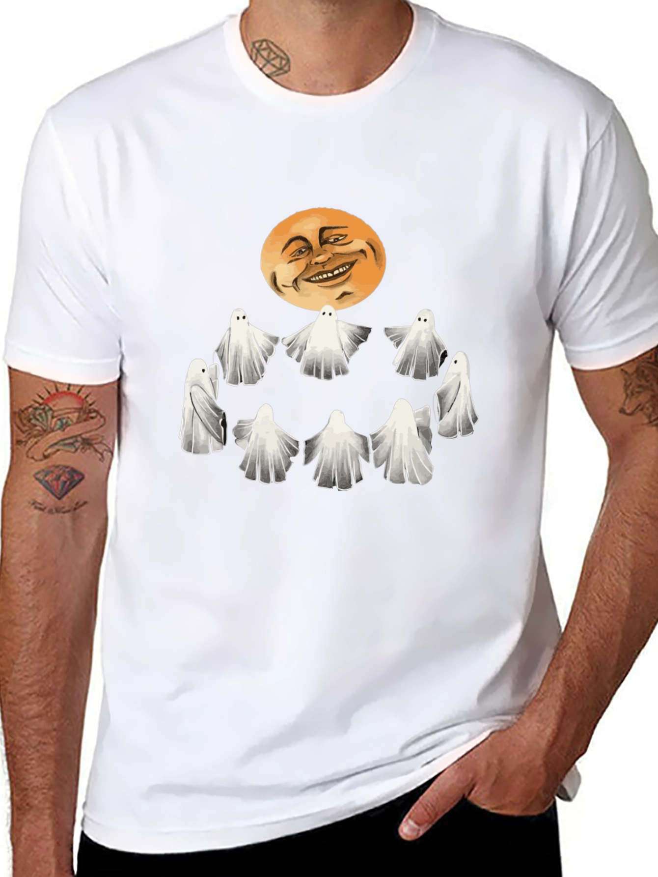 Spooky Ghosts and Moon Graphic Tee - Halloween Style
