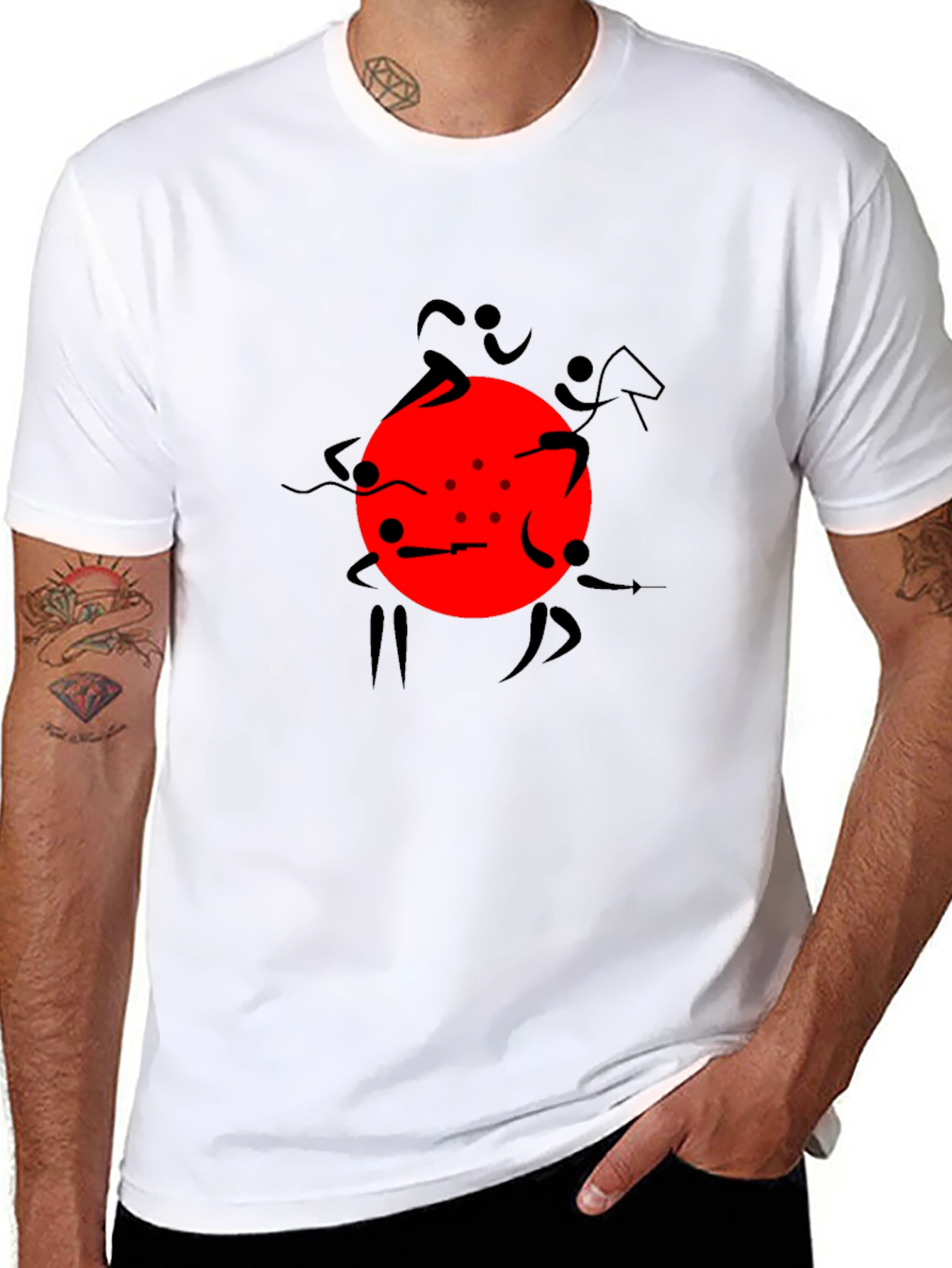 Graphic Print Black T-Shirt with Red Circle Design