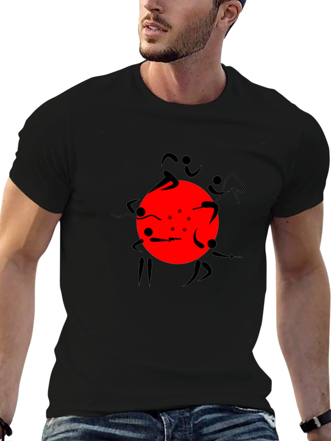Graphic Print Black T-Shirt with Red Circle Design