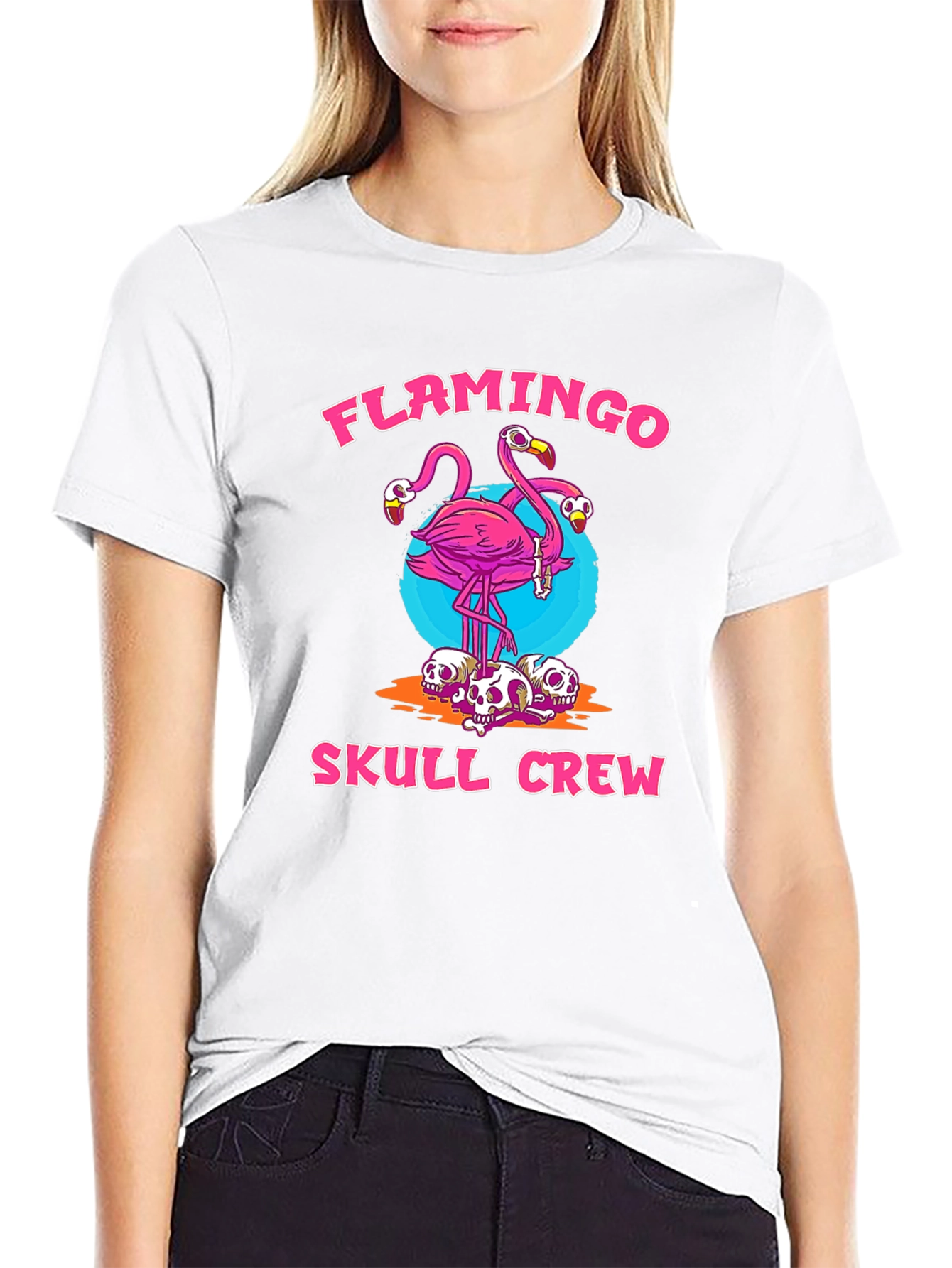 Flamingo Skull Crew Graphic Tee - Trendy & Unique