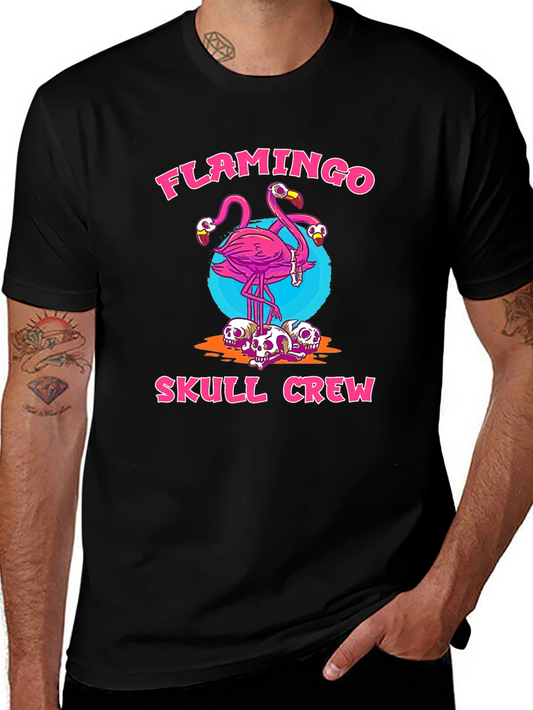 Flamingo Skull Crew Graphic Tee - Trendy & Unique
