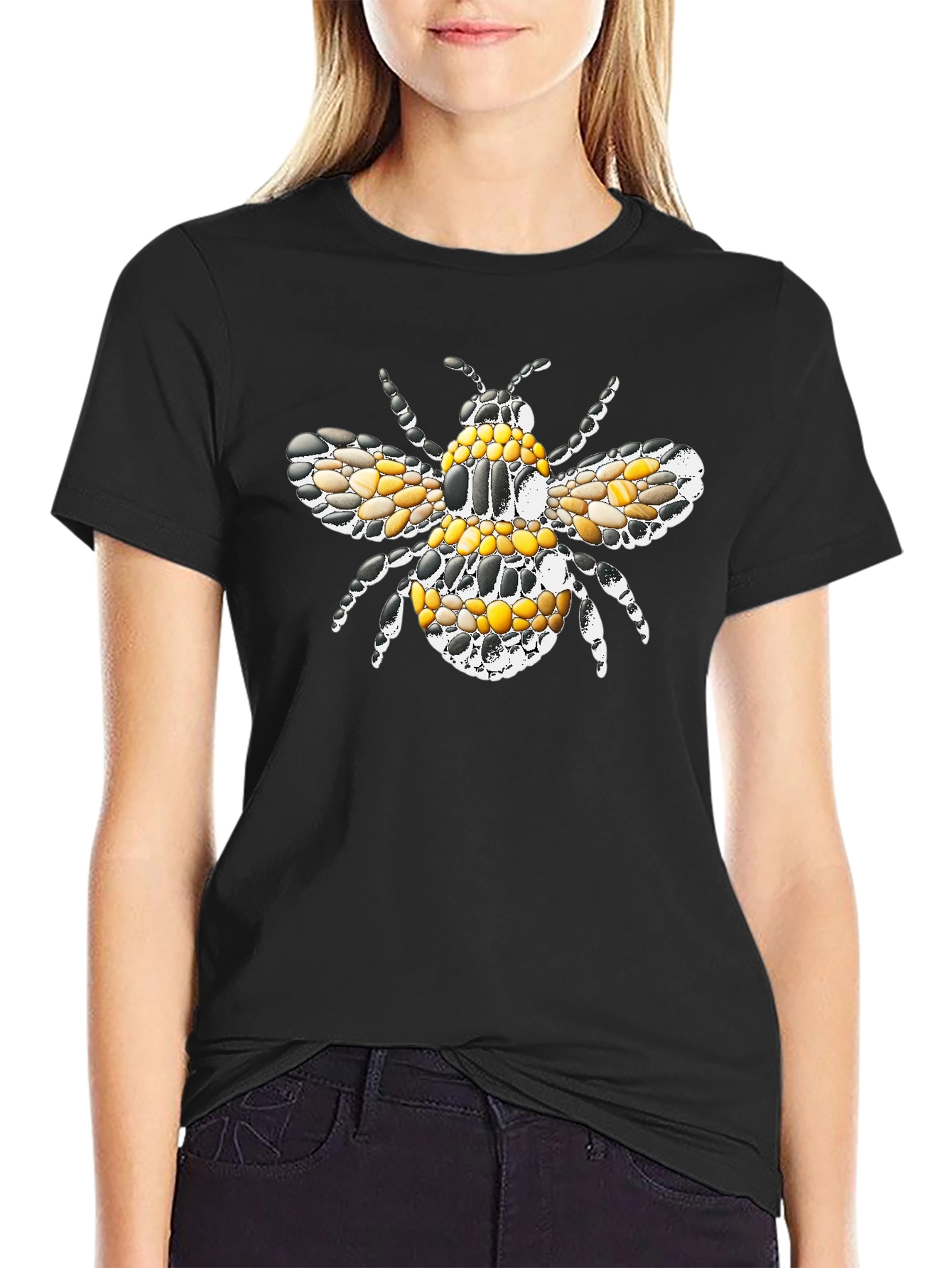 Black T-Shirt with Mosaic Bee Design