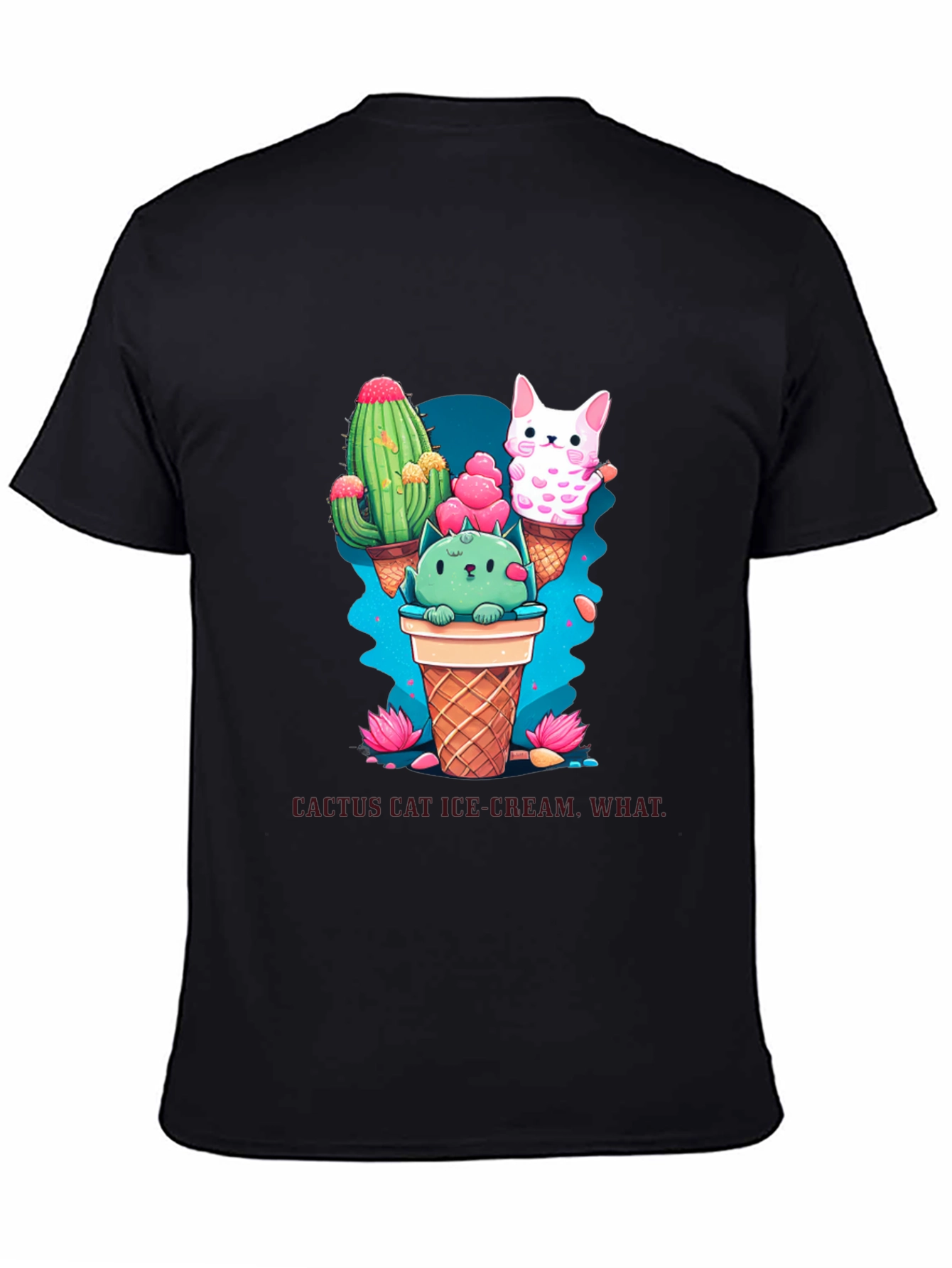 Cactus Cat Ice Cream Black T-Shirt