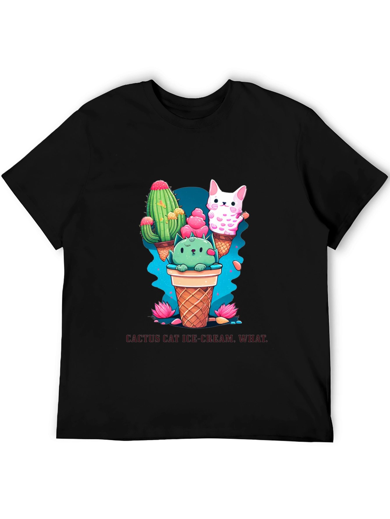 Cactus Cat Ice Cream Black T-Shirt