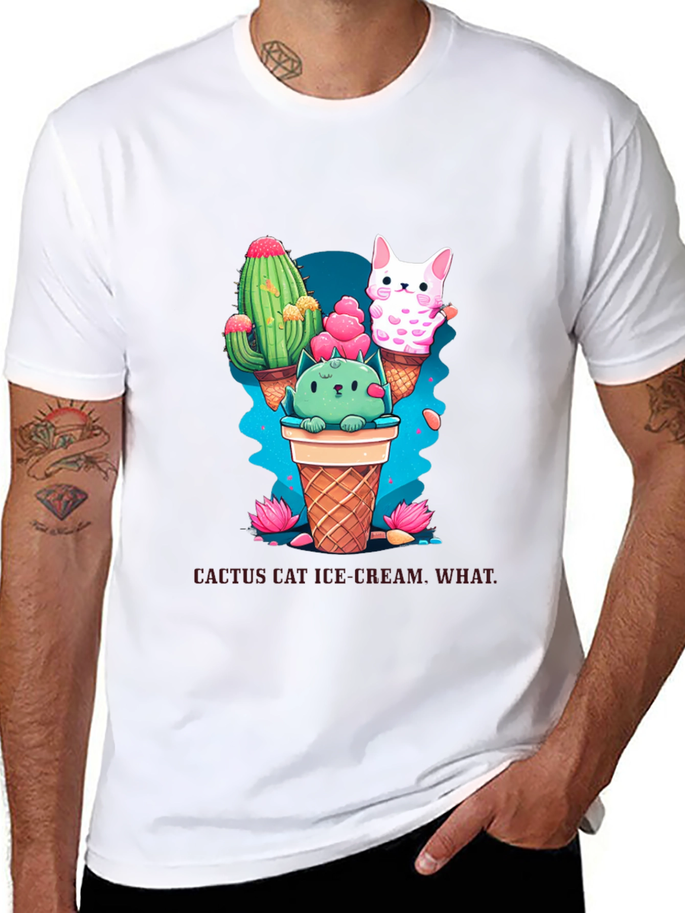 Cactus Cat Ice Cream Black T-Shirt