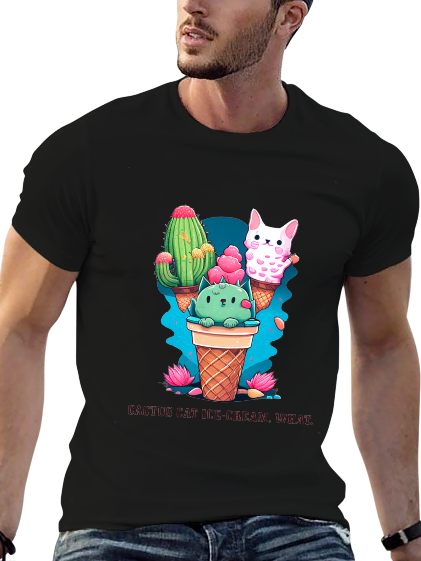 Cactus Cat Ice Cream Black T-Shirt