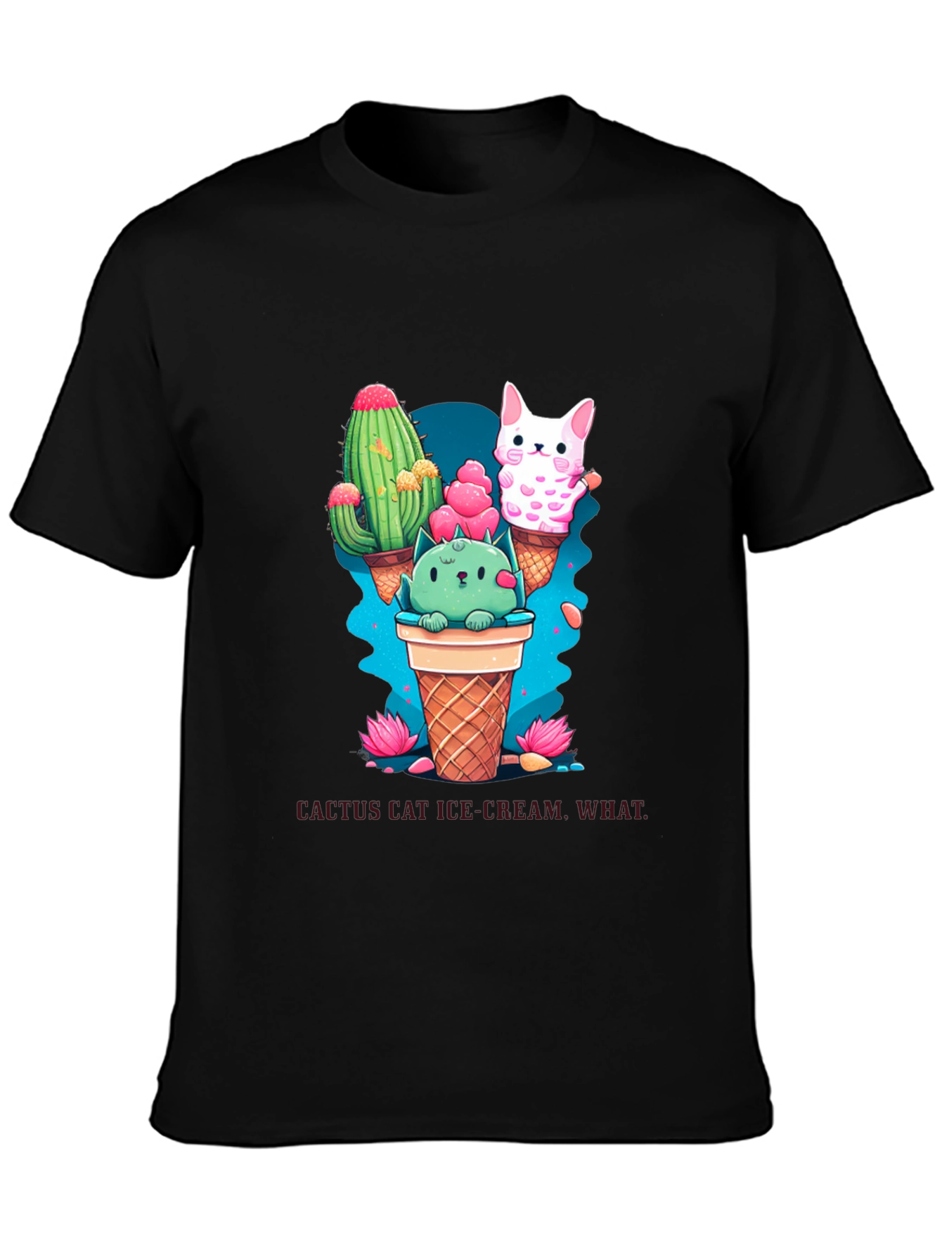 Cactus Cat Ice Cream Black T-Shirt
