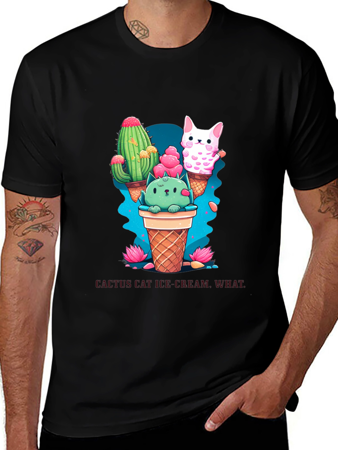 Cactus Cat Ice Cream Black T-Shirt