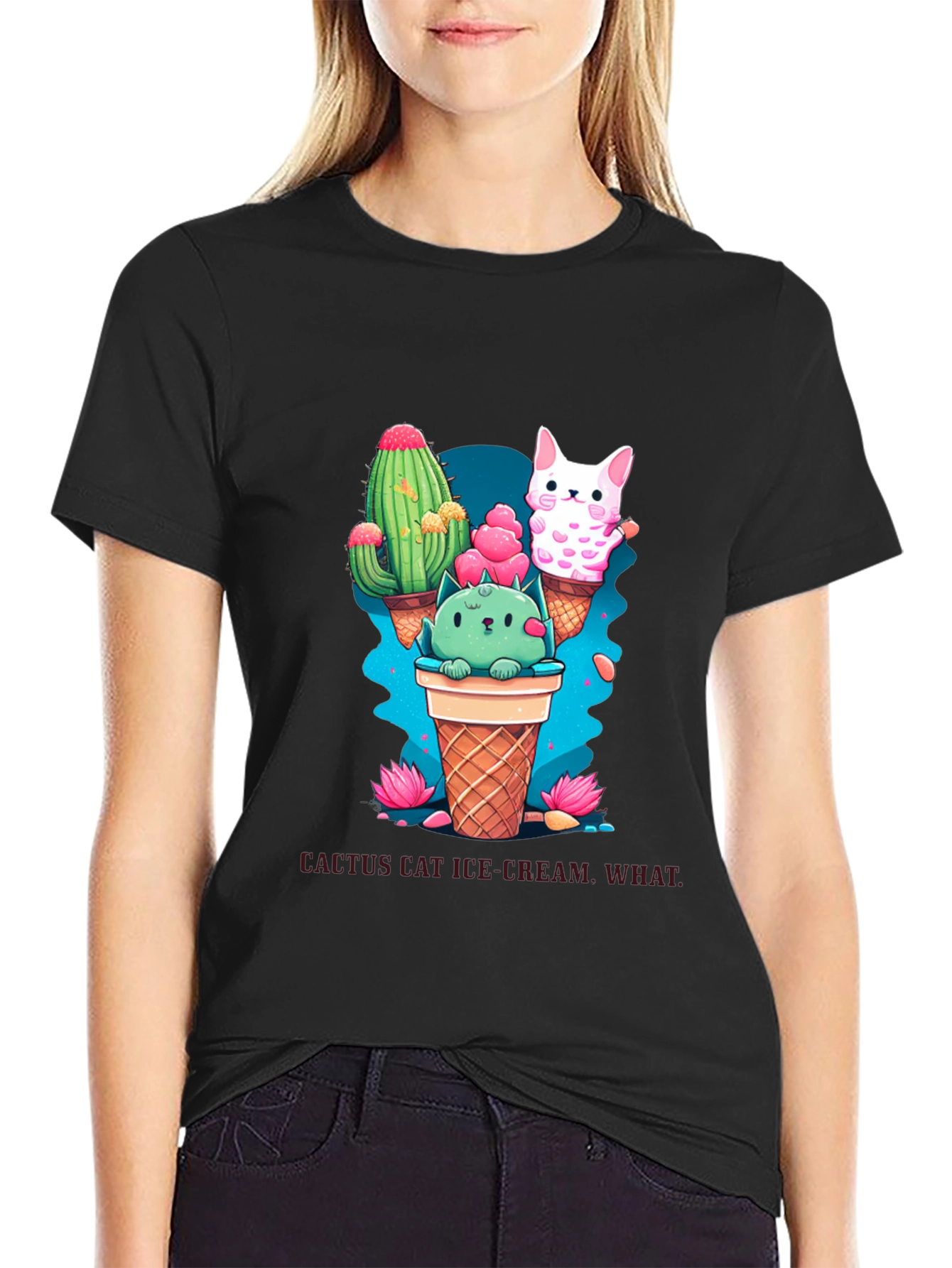 Cactus Cat Ice Cream Black T-Shirt