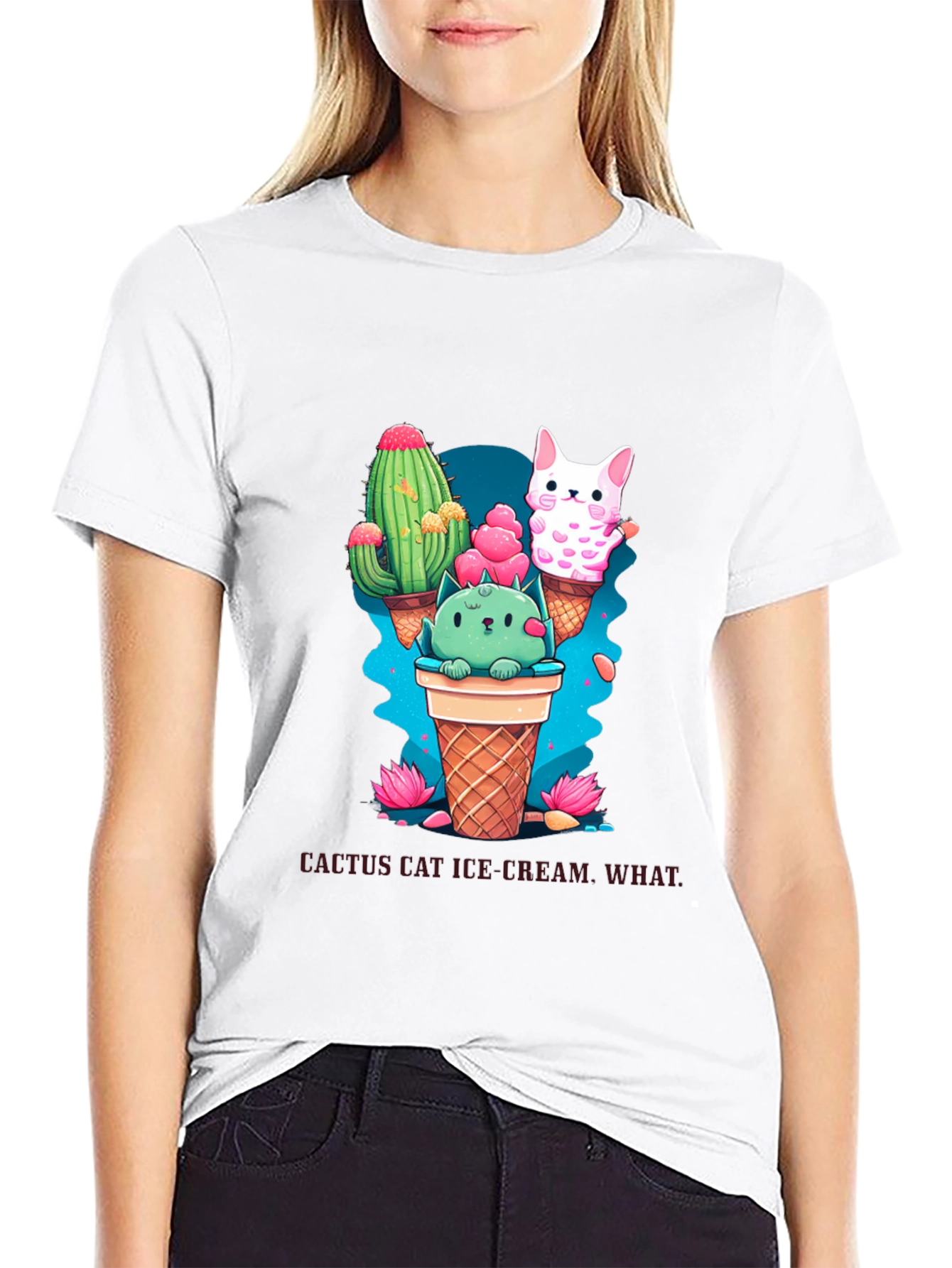 Cactus Cat Ice Cream Black T-Shirt