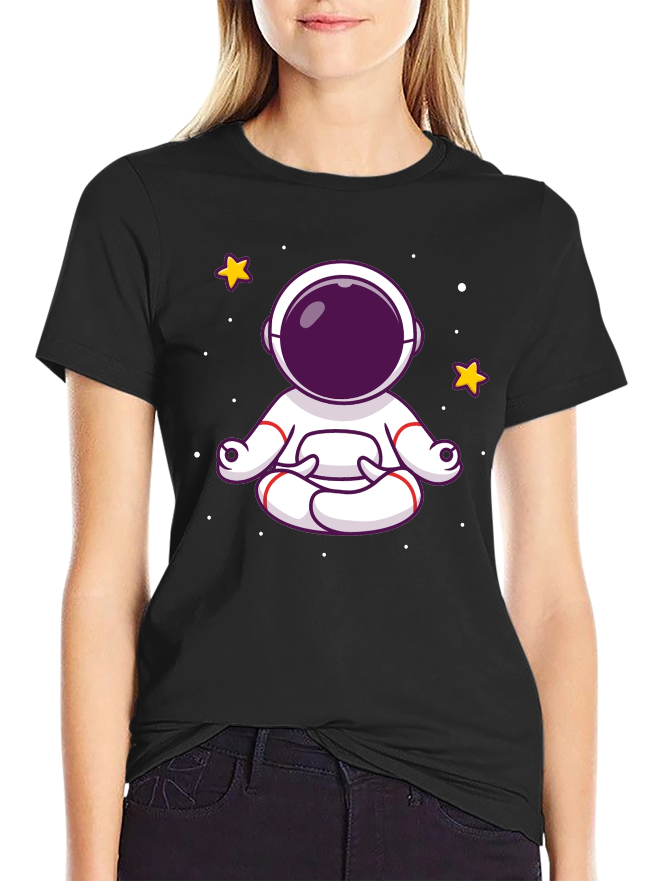 Meditating Astronaut Graphic Tee - Black Cotton Shirt