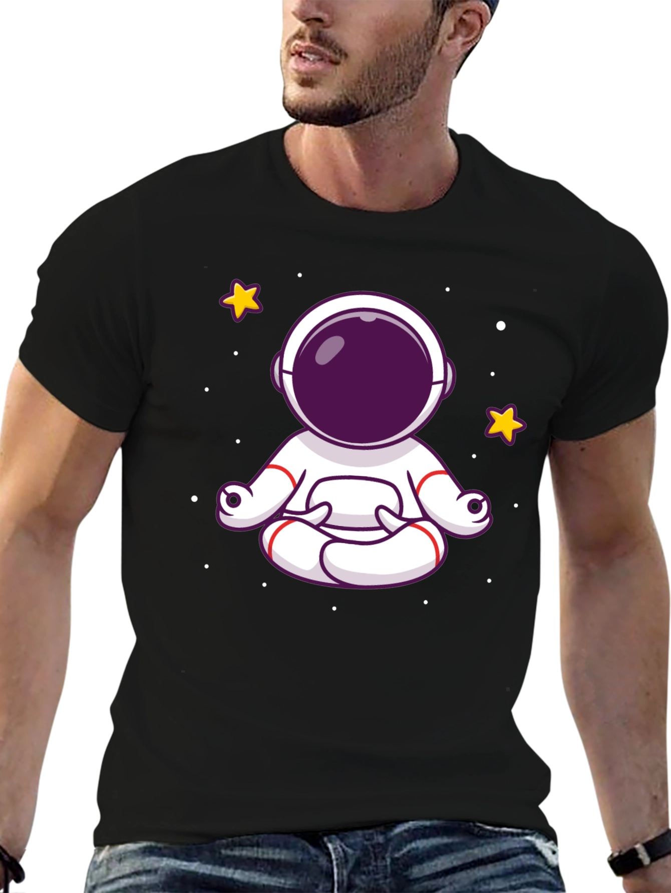 Meditating Astronaut Graphic Tee - Black Cotton Shirt