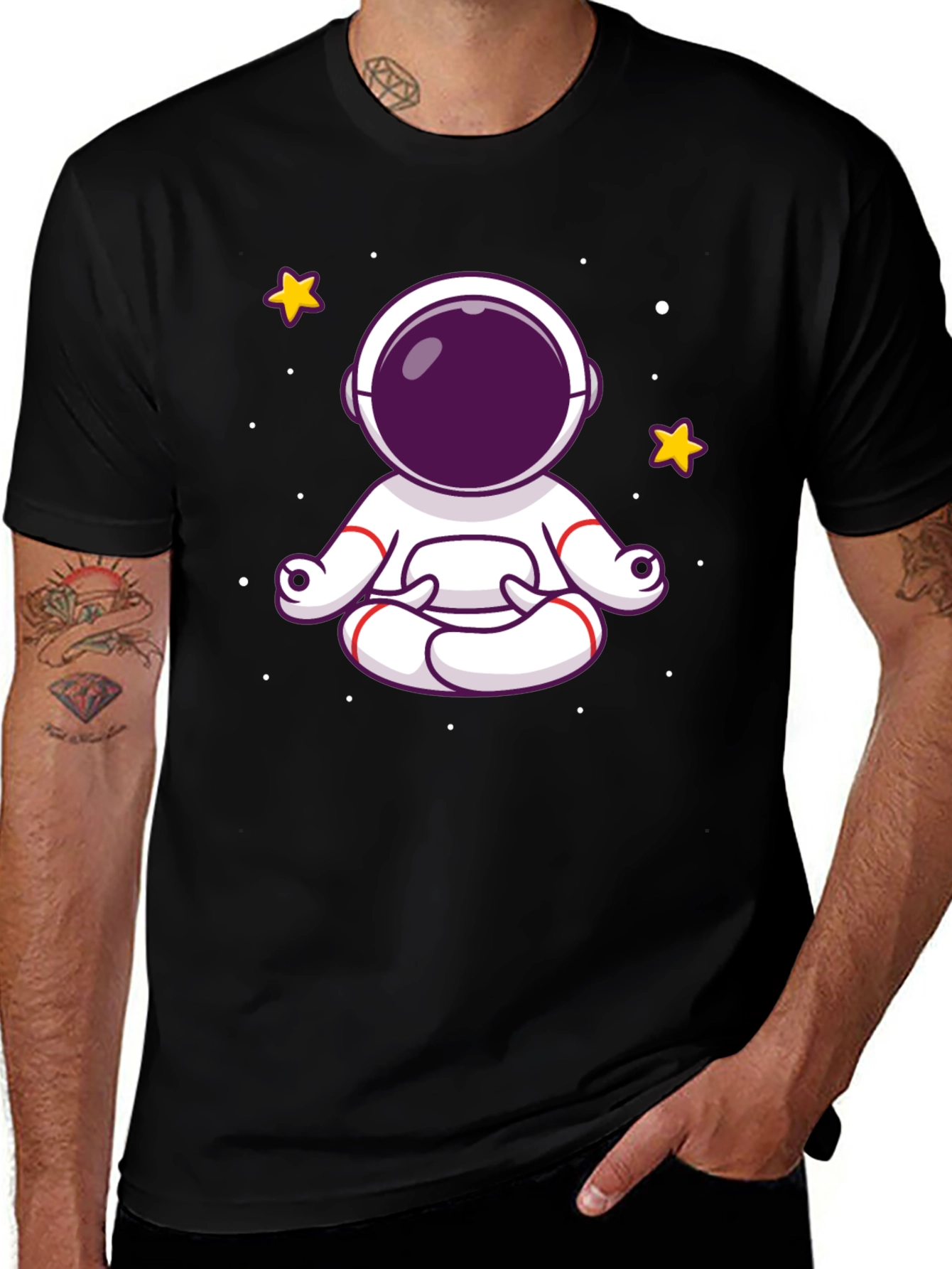 Meditating Astronaut Graphic Tee - Black Cotton Shirt