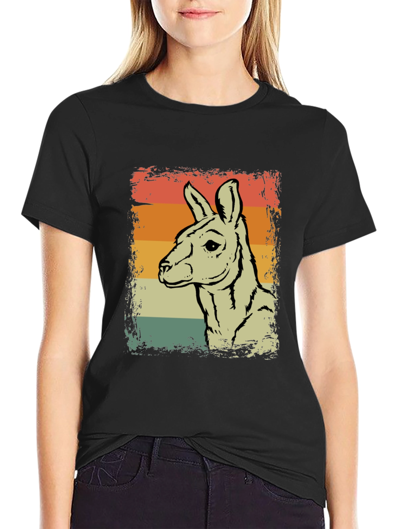 Retro Kangaroo Graphic Tee - Black Crew Neck