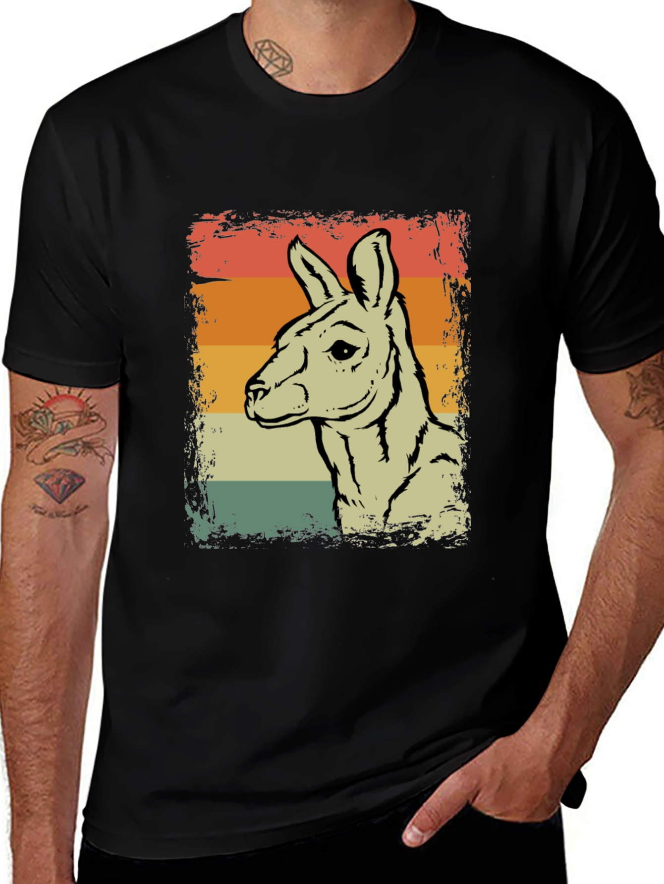 Retro Kangaroo Graphic Tee - Black Crew Neck