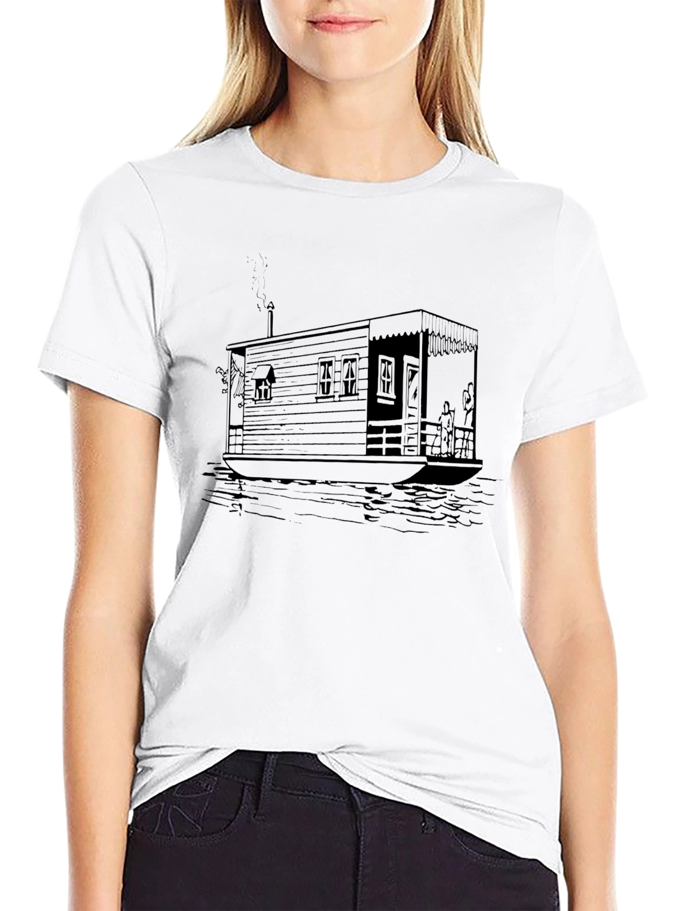 Houseboat Graphic Tee - Black Cotton Casual Shirt
