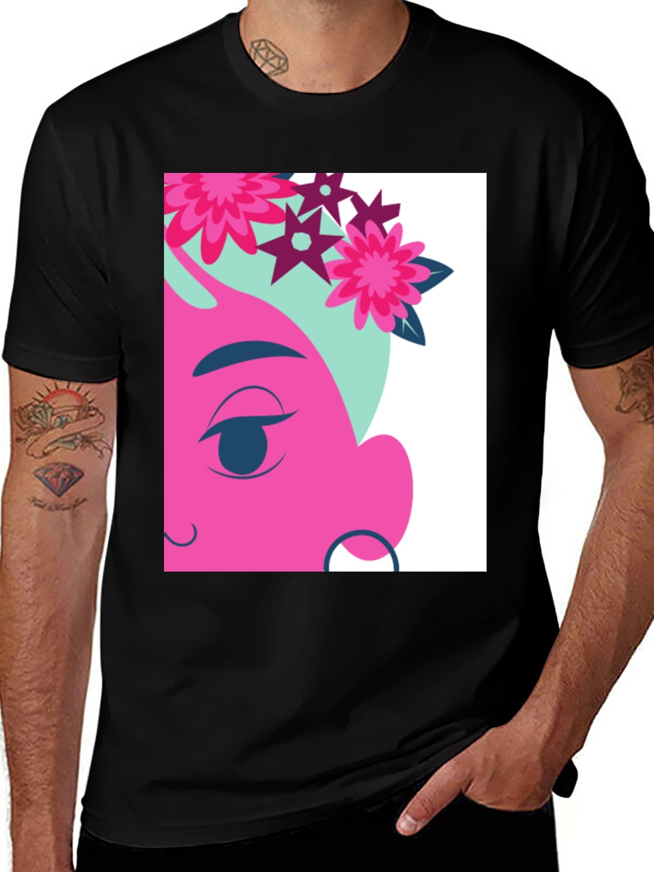 Floral Cartoon Graphic Black T-Shirt